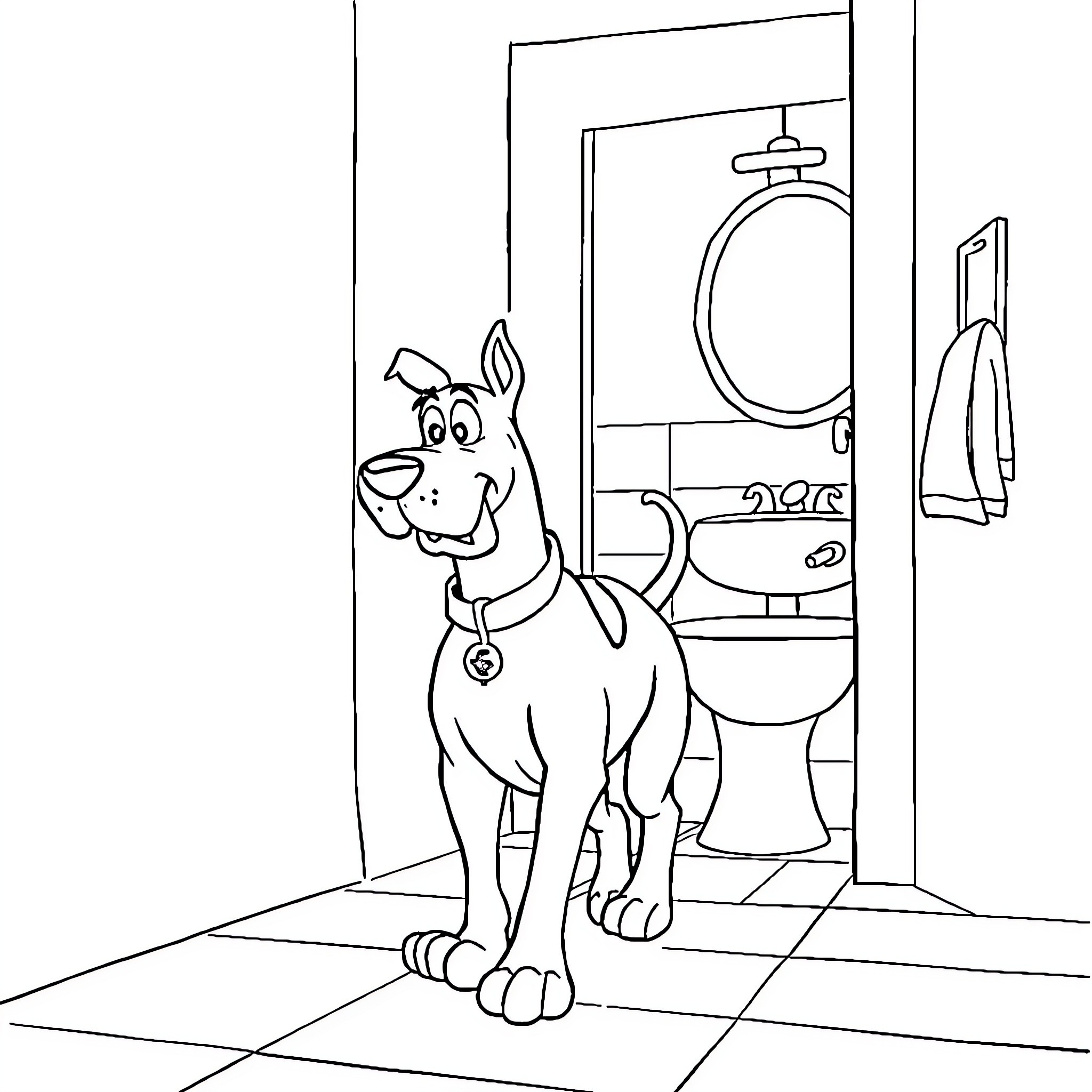 Scooby Doo exploring the bathroom Coloring Page (free black-and-white line drawing printable PDF for all, from beginners to advanced learners, including children, teens, adults, and seniors)