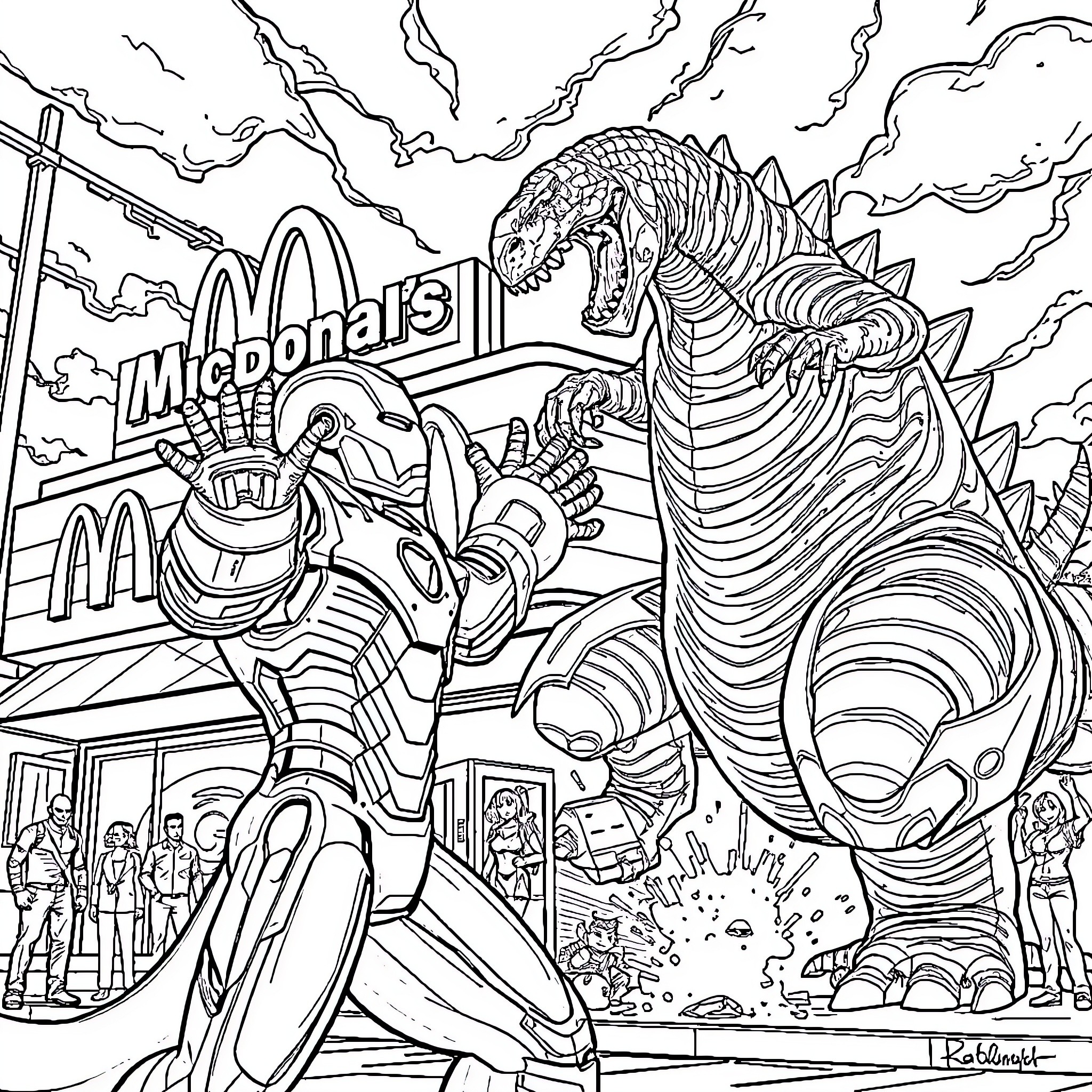Iron Man battles gigantic monster near McDonald's Coloring Page (free black-and-white line drawing printable PDF for all, from beginners to advanced learners, including children, teens, adults, and seniors)