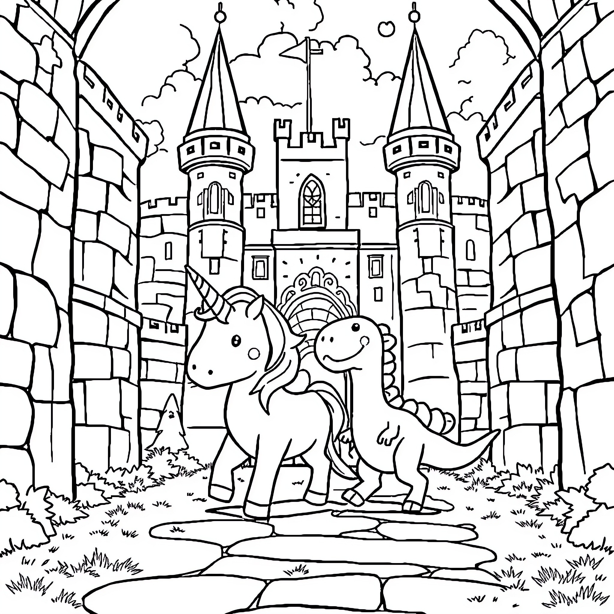 Unicorn exploring the magical castle grounds Coloring Page (free black-and-white line drawing printable PDF for all, from beginners to advanced learners, including children, teens, adults, and seniors)