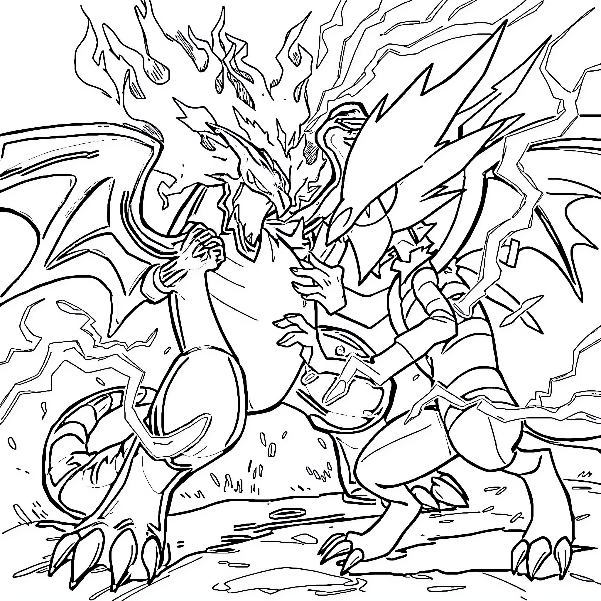 Magmar battling with fierce Dragon-type creature Coloring Page (free black-and-white line drawing printable PDF for all, from beginners to advanced learners, including children, teens, adults, and seniors)