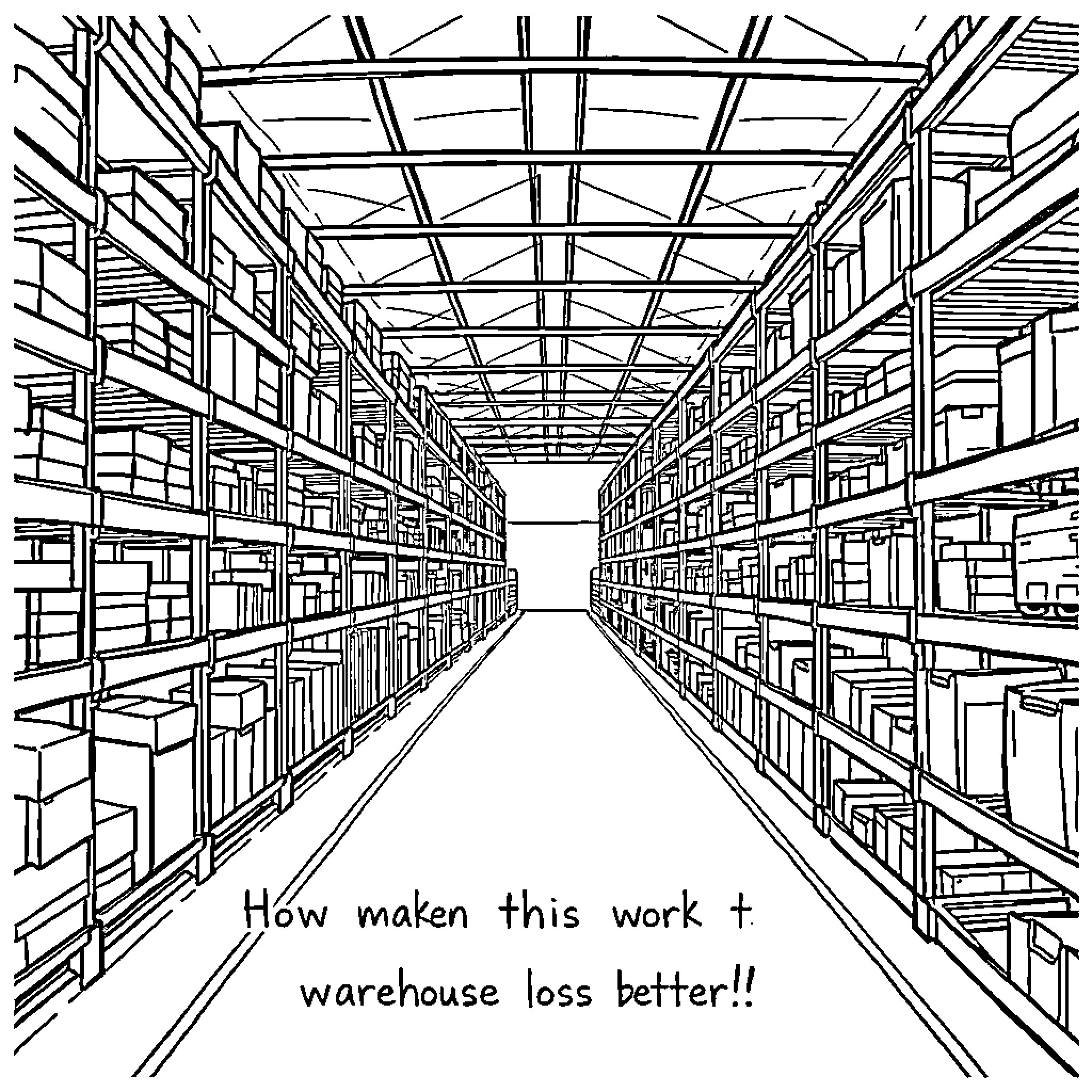 Warehouse Shelves Filled with Boxes and Supplies Coloring Page (free black-and-white line drawing printable PDF for all, from beginners to advanced learners, including children, teens, adults, and seniors)