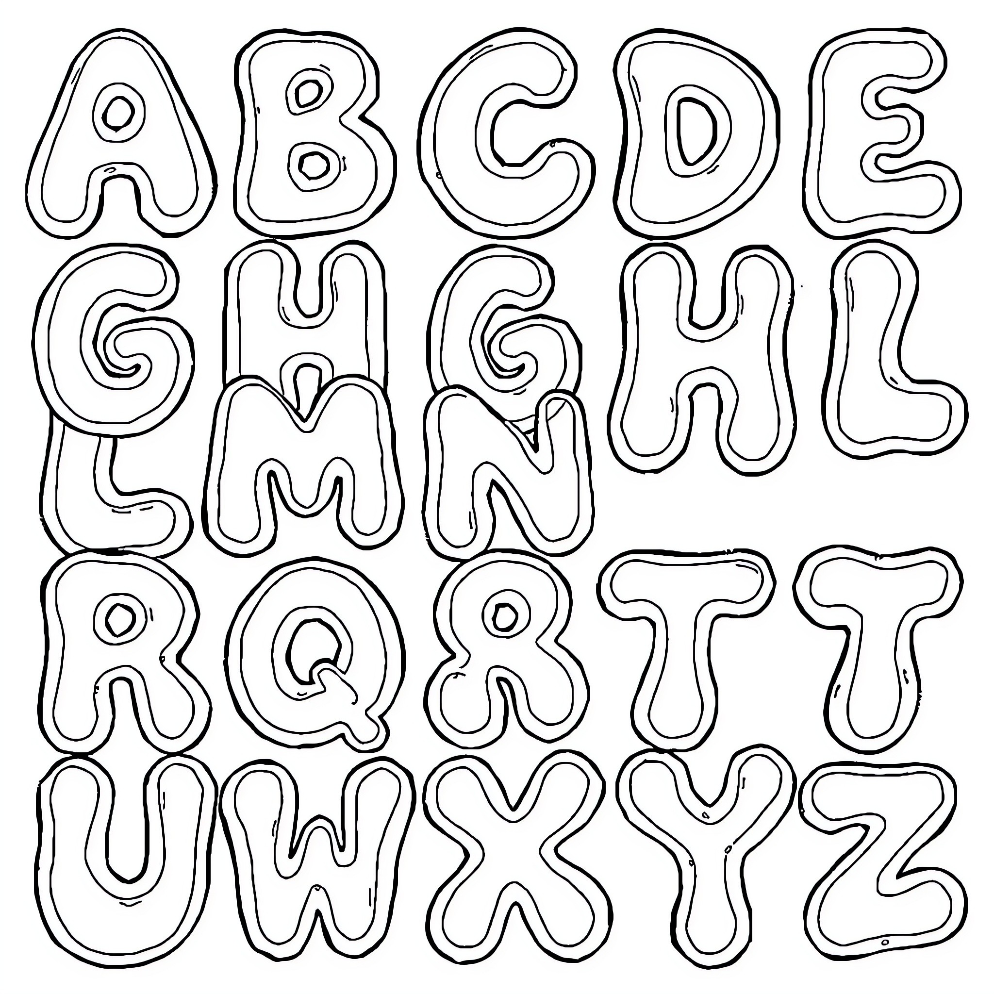 Alphabet displayed in a playful and organic manner Coloring Page (free black-and-white line drawing printable PDF for all, from beginners to advanced learners, including children, teens, adults, and seniors)
