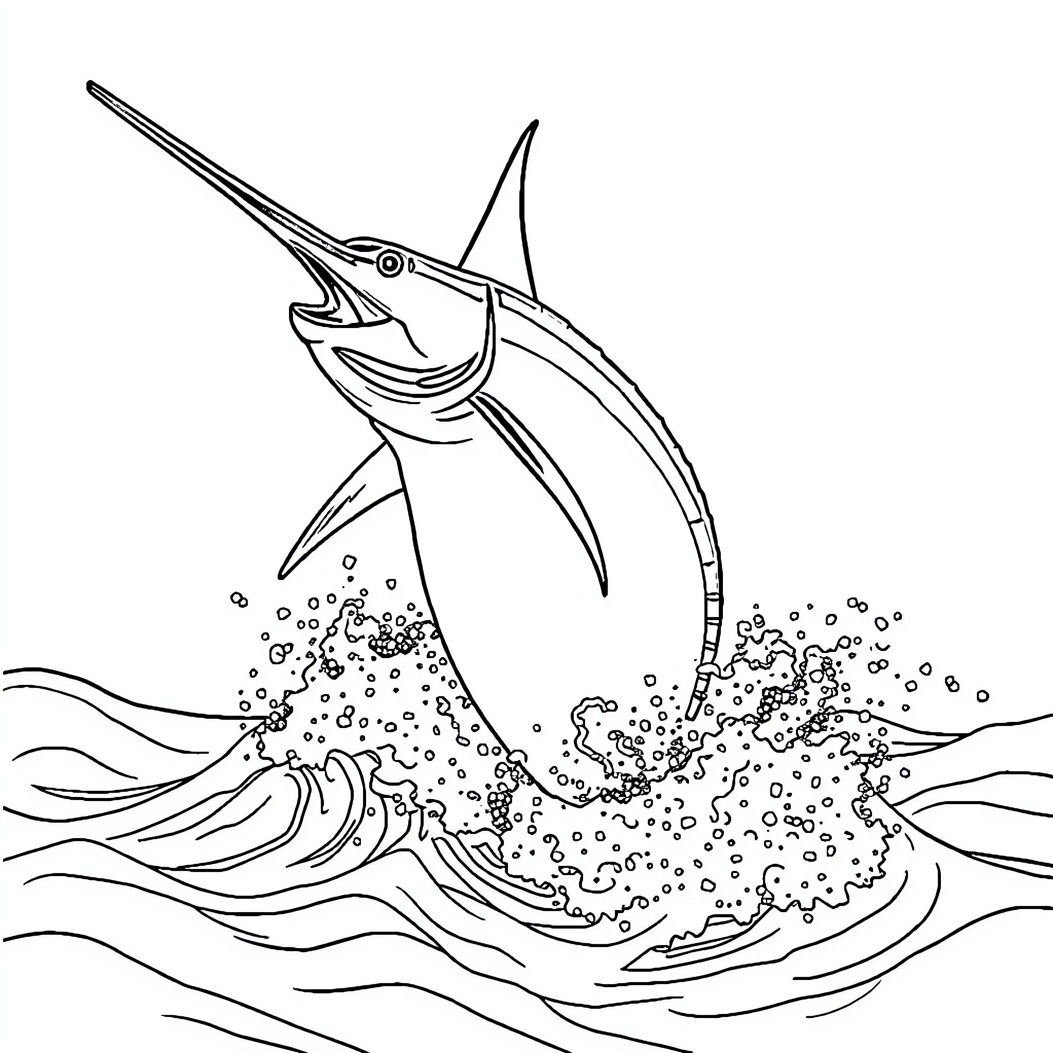Marlin jumping out of the ocean waves Coloring Page (free black-and-white line drawing printable PDF for all, from beginners to advanced learners, including children, teens, adults, and seniors)
