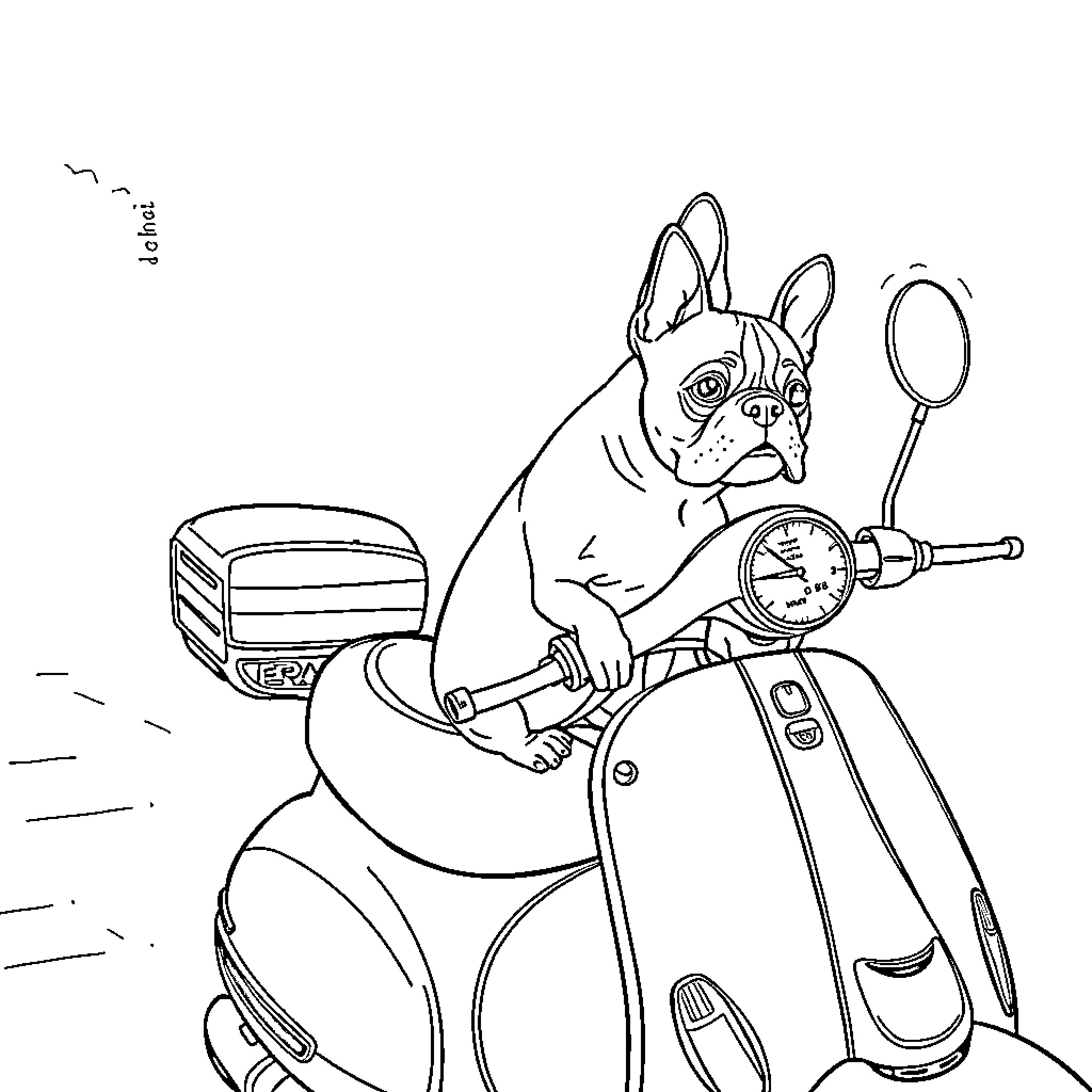 Dog riding a scooter on the street Coloring Page (free black-and-white line drawing printable PDF for all, from beginners to advanced learners, including children, teens, adults, and seniors)