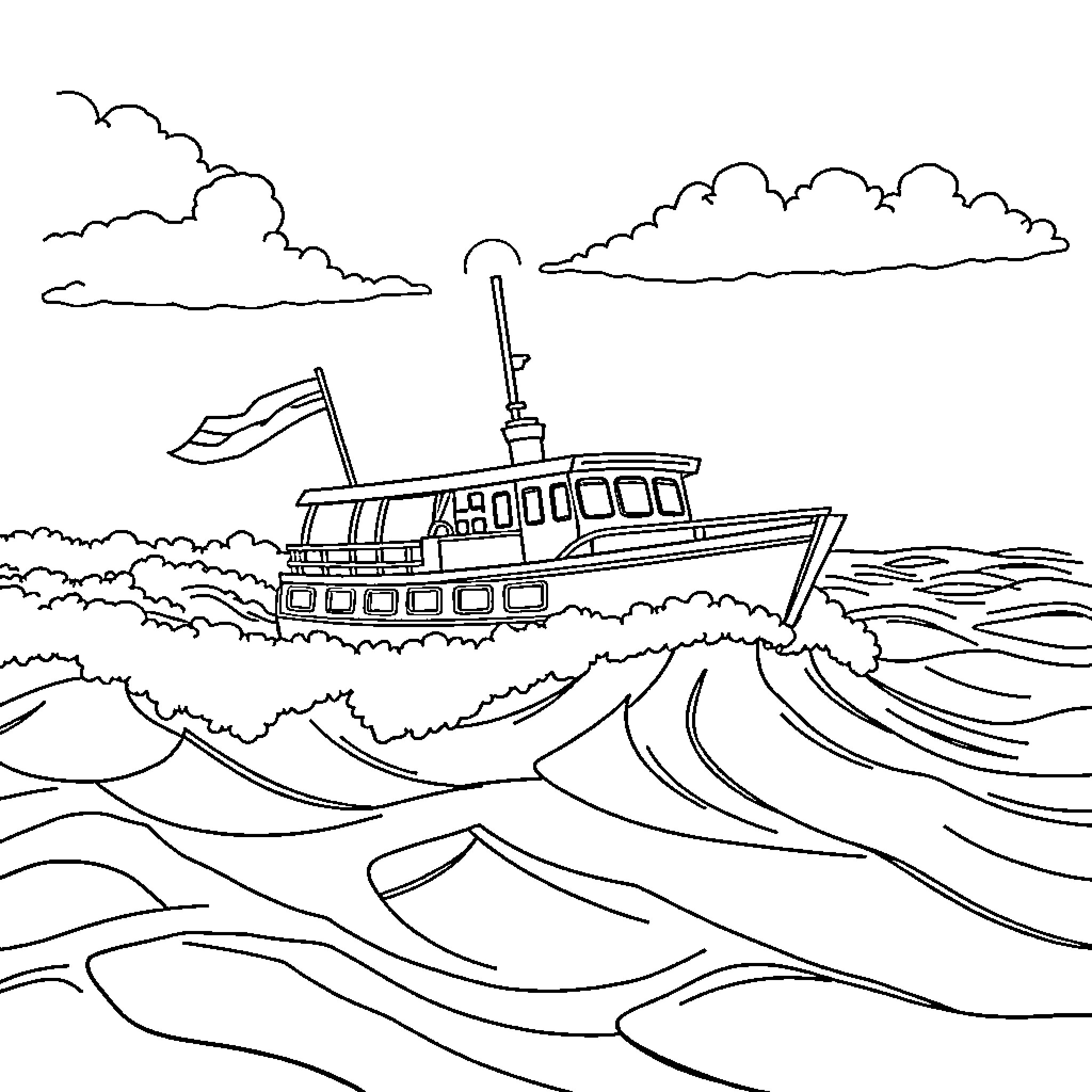 Boat sailing through rough waves and cloudy skies Coloring Page (free black-and-white line drawing printable PDF for all, from beginners to advanced learners, including children, teens, adults, and seniors)