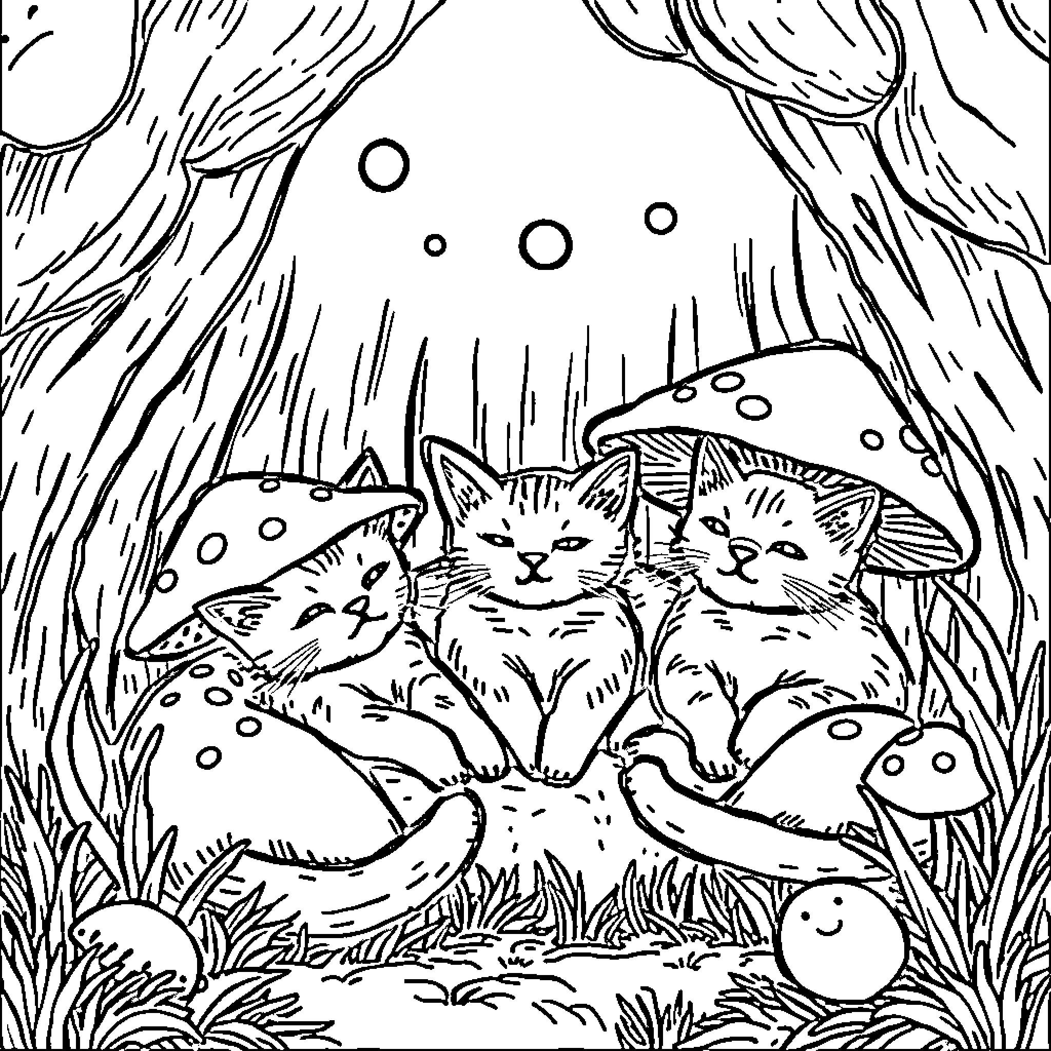 Mushroom Cat: Curious Feline Friends in the Mystical Forest Coloring Page (free black-and-white line drawing printable PDF for all, from beginners to advanced learners, including children, teens, adults, and seniors)