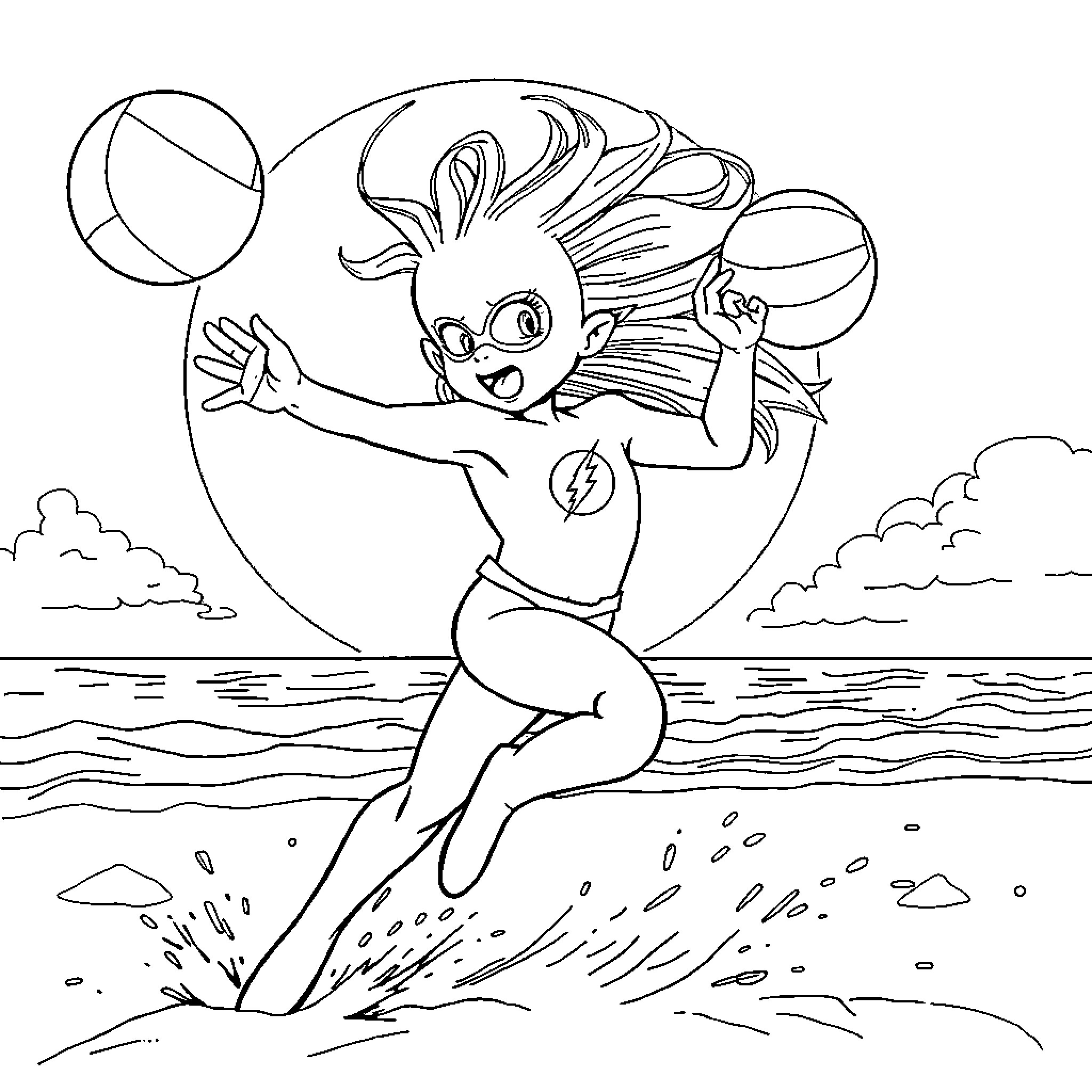 Flash of Energetic Beach Antics Coloring Page (free black-and-white line drawing printable PDF for all, from beginners to advanced learners, including children, teens, adults, and seniors)