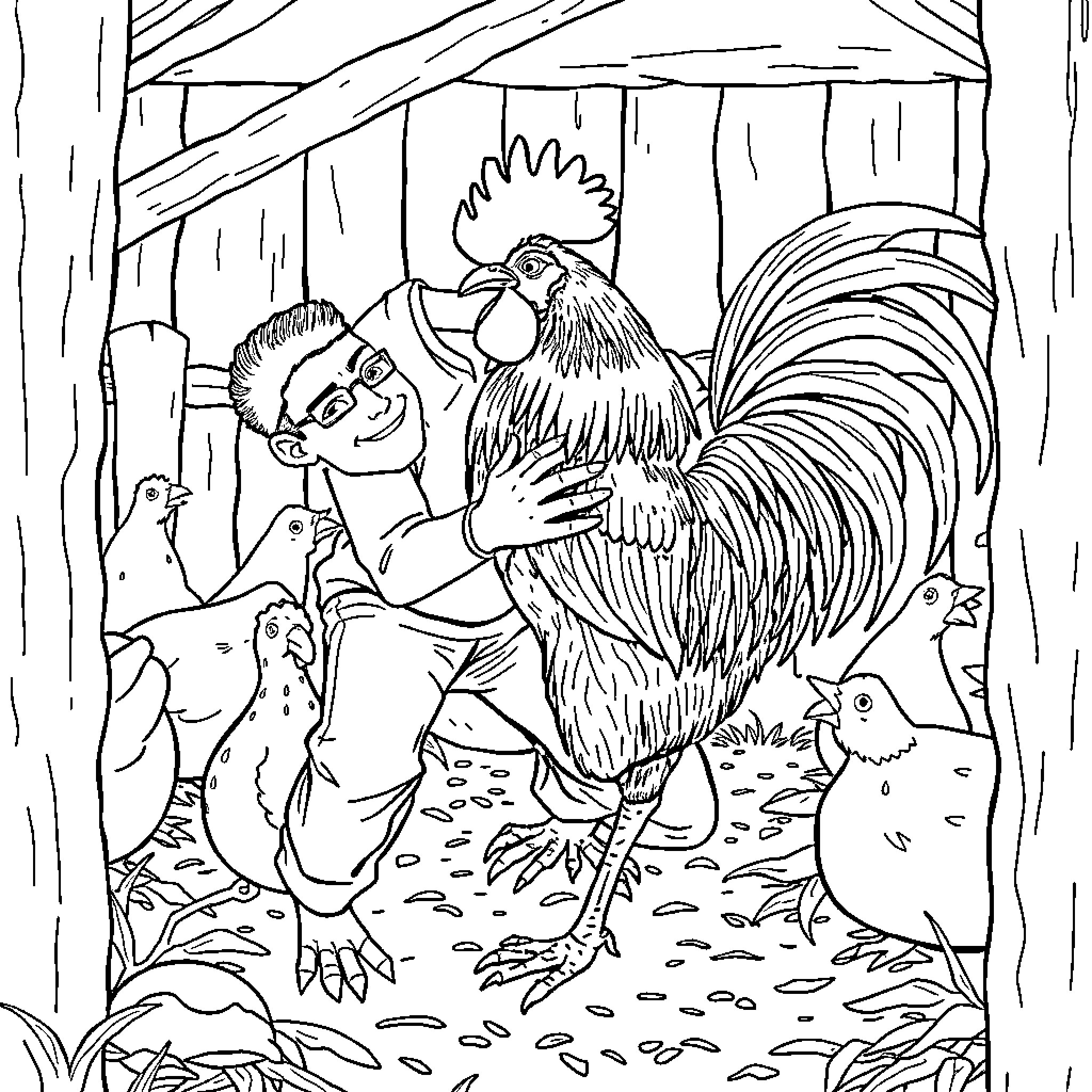 Rooster interacting with a person in a rural setting Coloring Page (free black-and-white line drawing printable PDF for all, from beginners to advanced learners, including children, teens, adults, and seniors)