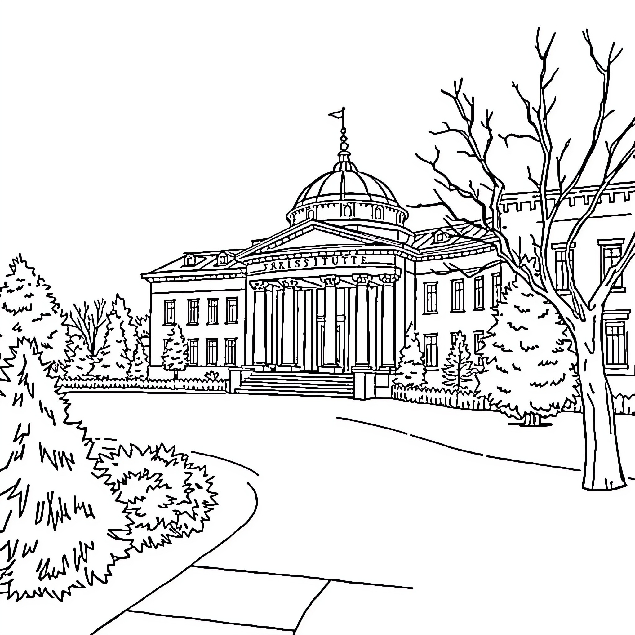 Institute of grand architectural design and scenic landscape Coloring Page (free black-and-white line drawing printable PDF for all, from beginners to advanced learners, including children, teens, adults, and seniors)
