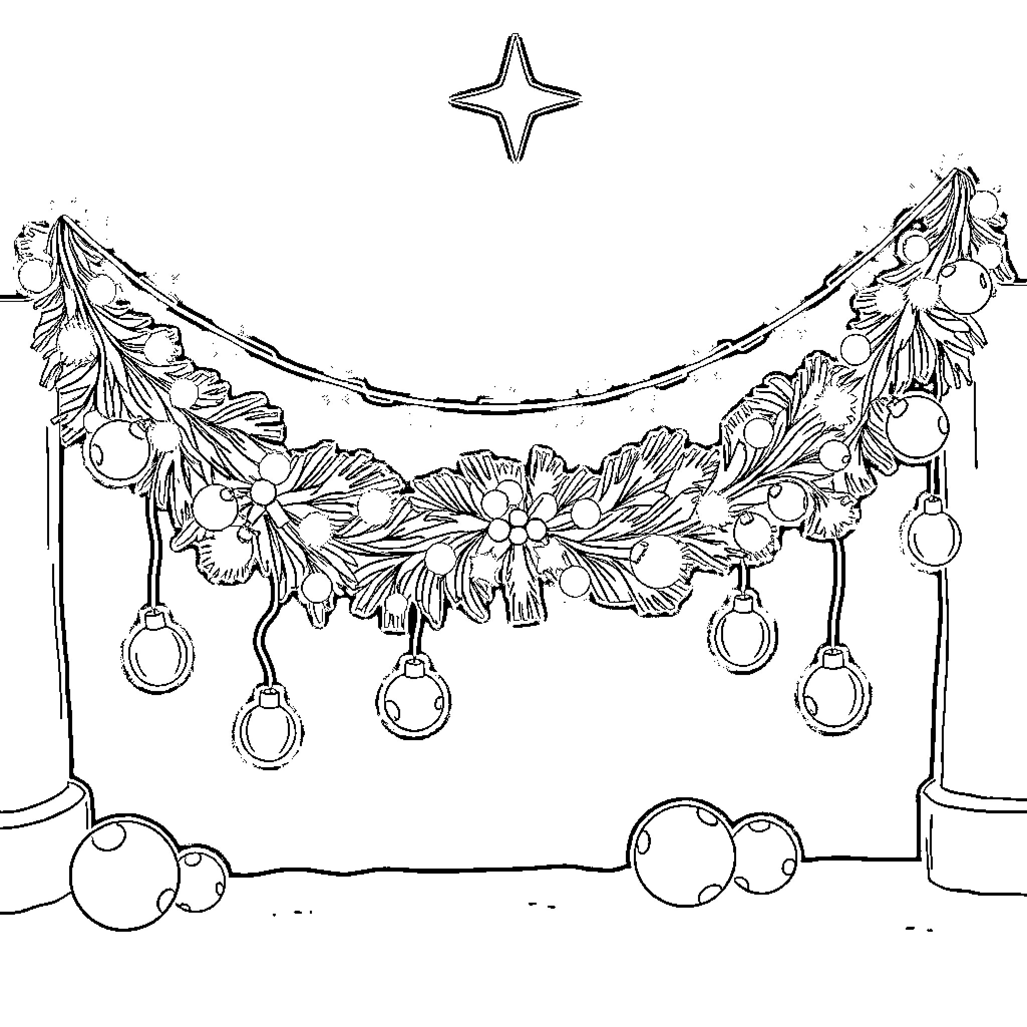 Christmas Stitch with Festive Floral Garland Coloring Page (free black-and-white line drawing printable PDF for all, from beginners to advanced learners, including children, teens, adults, and seniors)