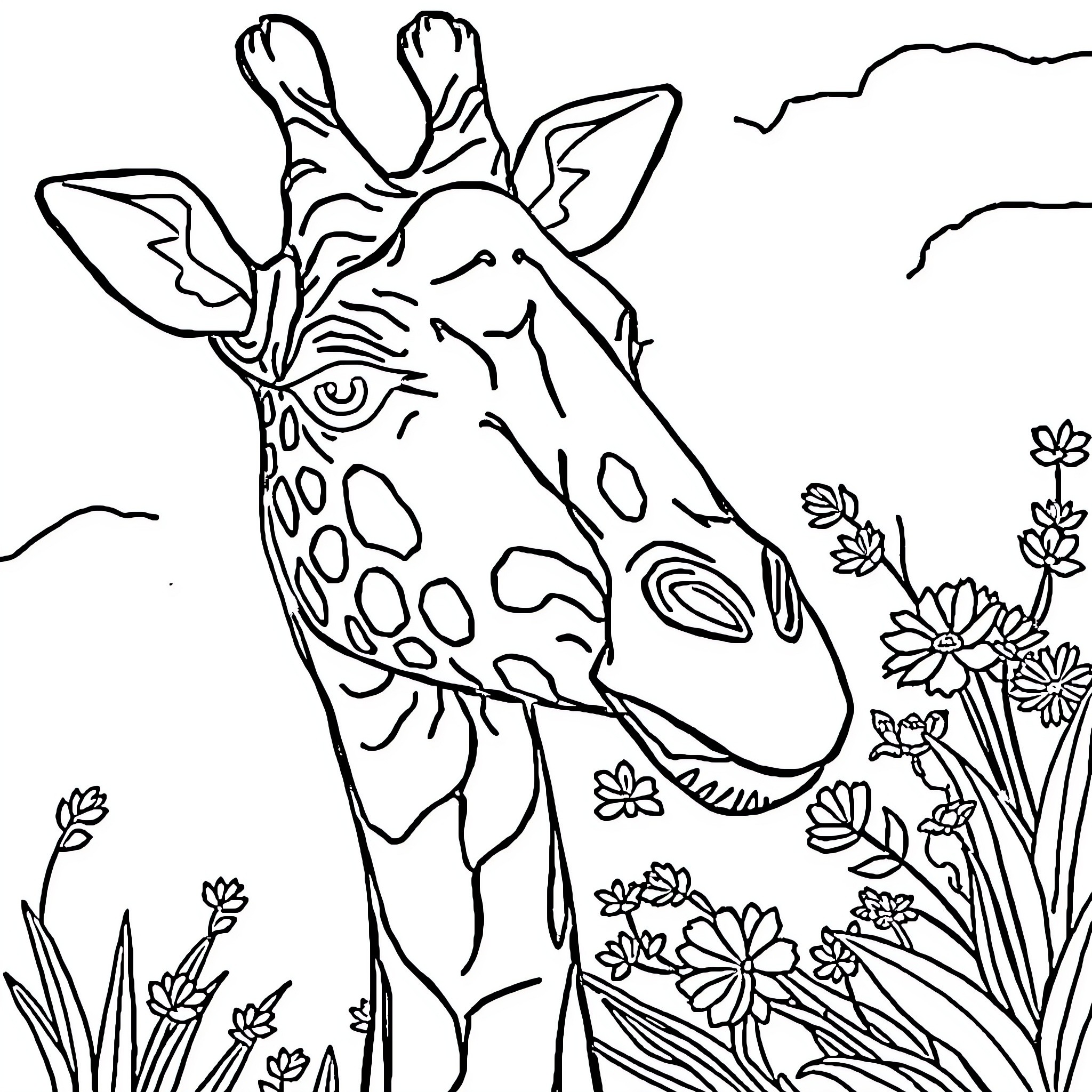 Giraffe in a whimsical floral setting Coloring Page (free black-and-white line drawing printable PDF for all, from beginners to advanced learners, including children, teens, adults, and seniors)