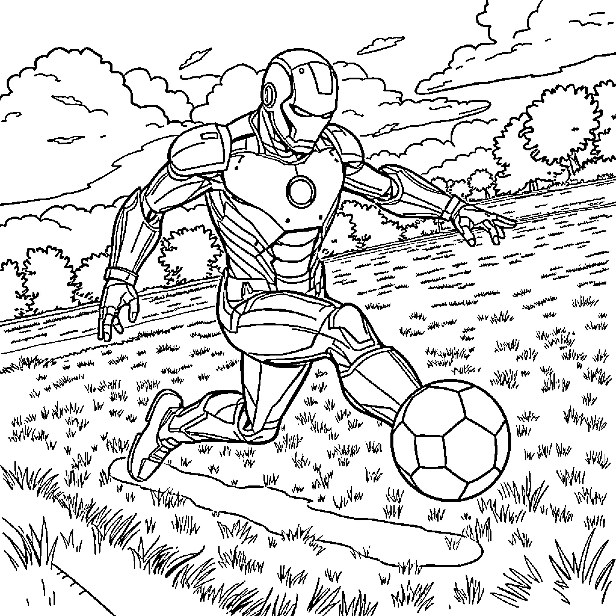 Iron Man Playing Soccer in the Countryside Coloring Page (free black-and-white line drawing printable PDF for all, from beginners to advanced learners, including children, teens, adults, and seniors)