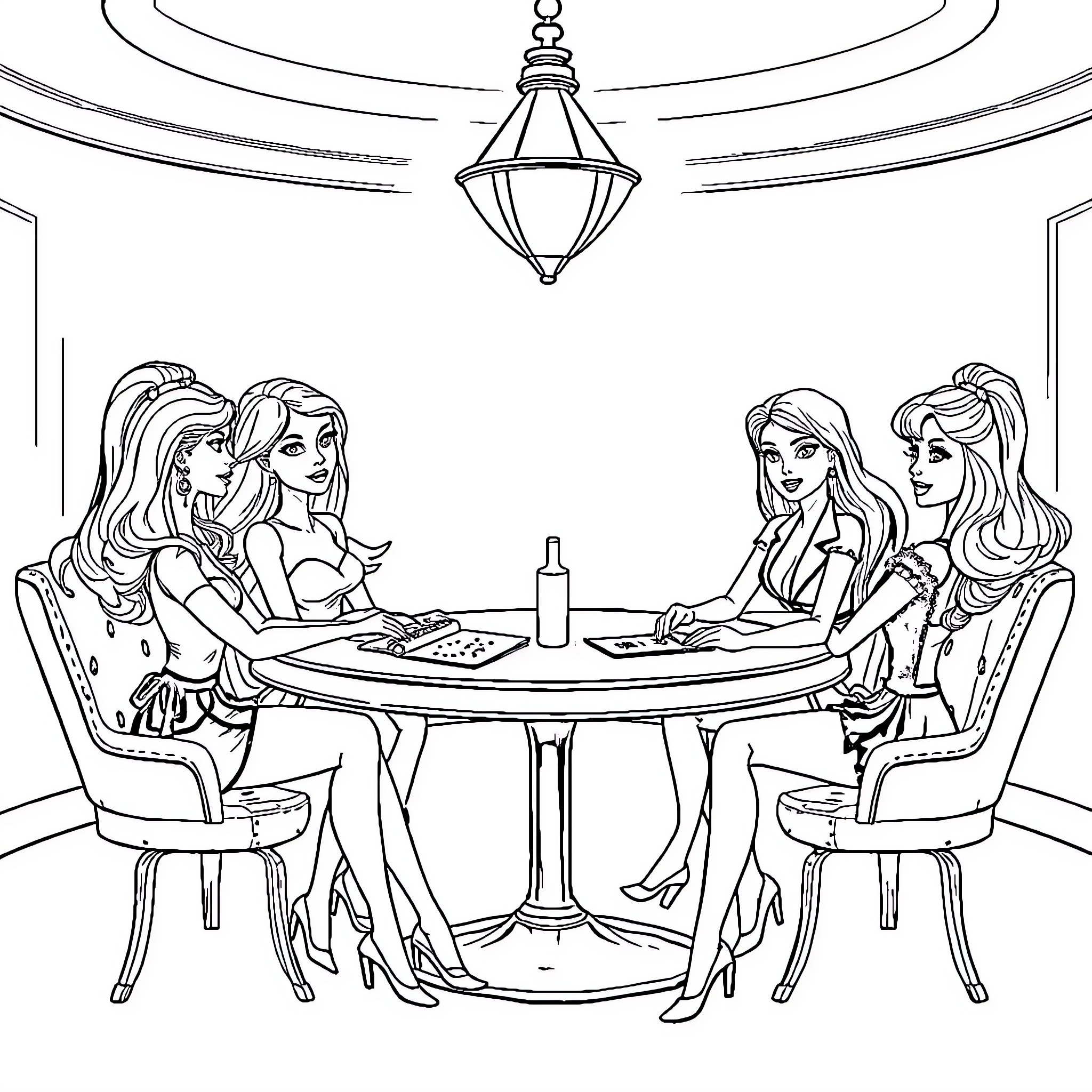Barbie friends enjoying a dinner party together Coloring Page (free black-and-white line drawing printable PDF for all, from beginners to advanced learners, including children, teens, adults, and seniors)