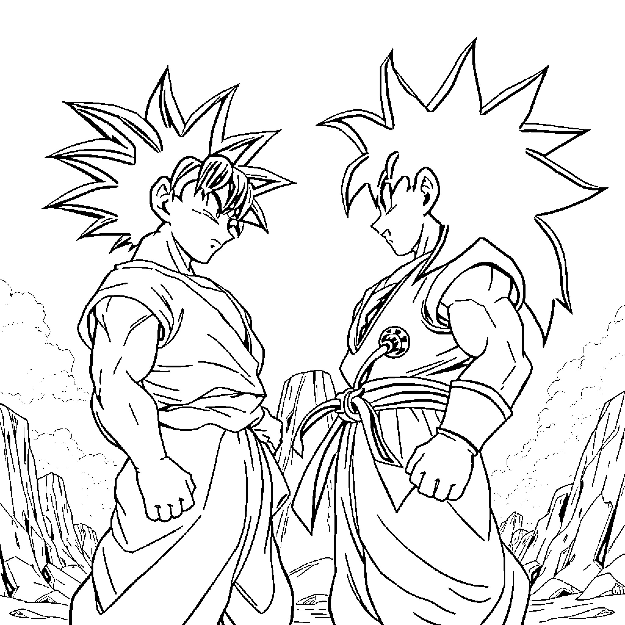 Ichigo fighters in action amid rocky landscape Coloring Page (free black-and-white line drawing printable PDF for all, from beginners to advanced learners, including children, teens, adults, and seniors)