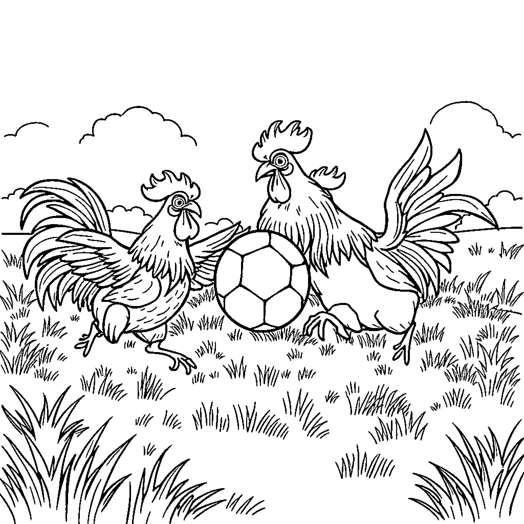Rooster playing with soccer ball on grassy field Coloring Page (free black-and-white line drawing printable PDF for all, from beginners to advanced learners, including children, teens, adults, and seniors)