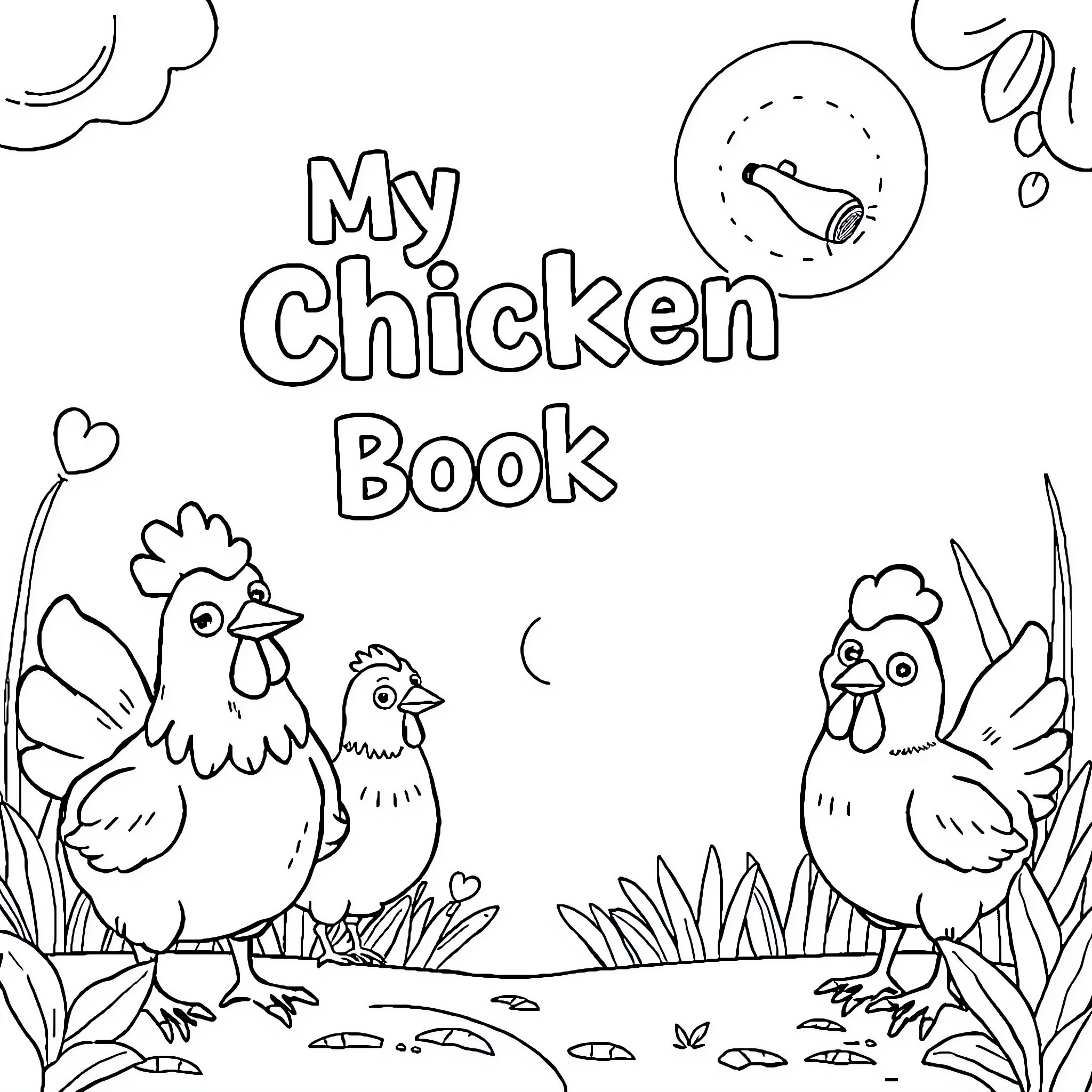 Chicken characters in a friendly storybook scene Coloring Page (free black-and-white line drawing printable PDF for all, from beginners to advanced learners, including children, teens, adults, and seniors)