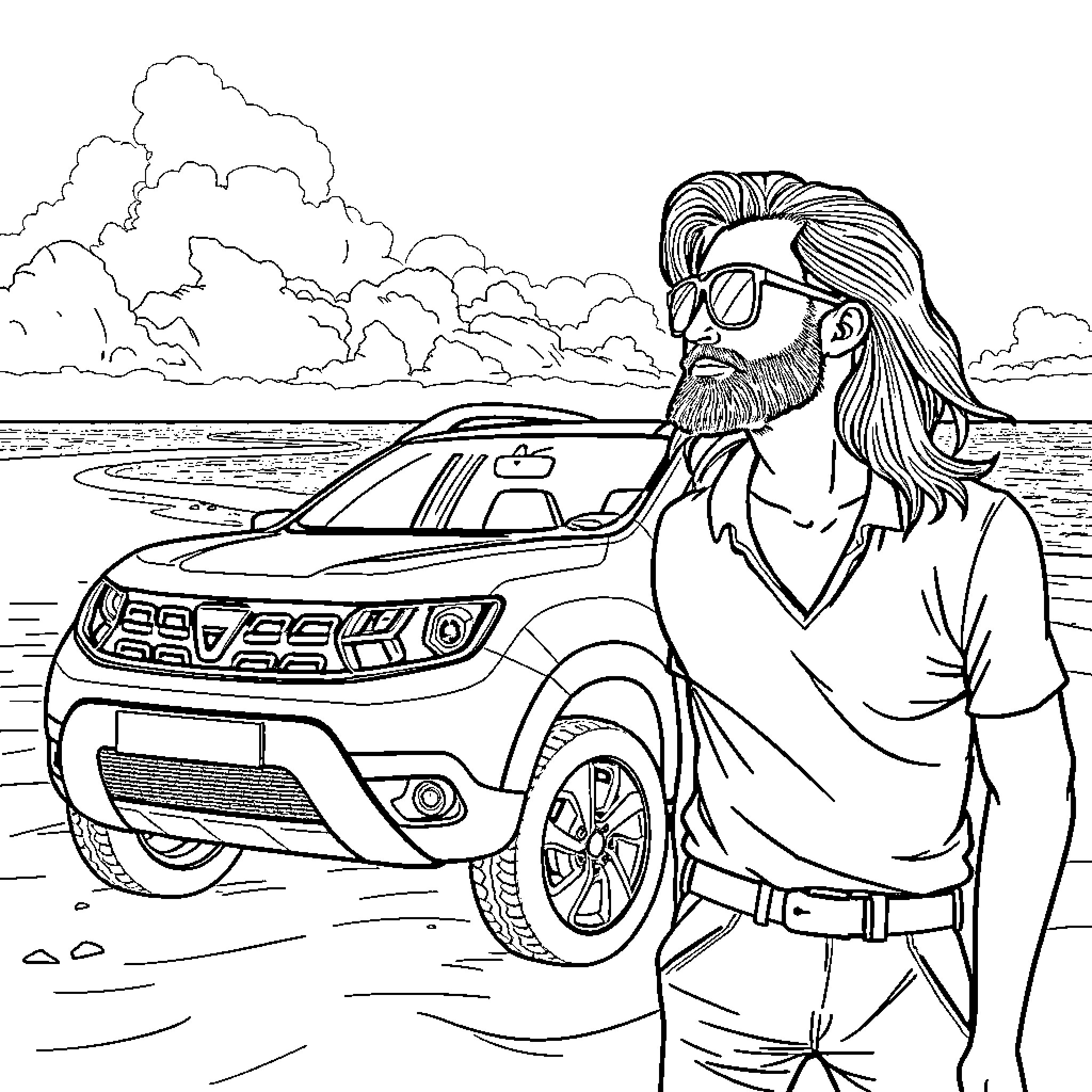 Dacia man admiring sporty SUV by the beach Coloring Page (free black-and-white line drawing printable PDF for all, from beginners to advanced learners, including children, teens, adults, and seniors)