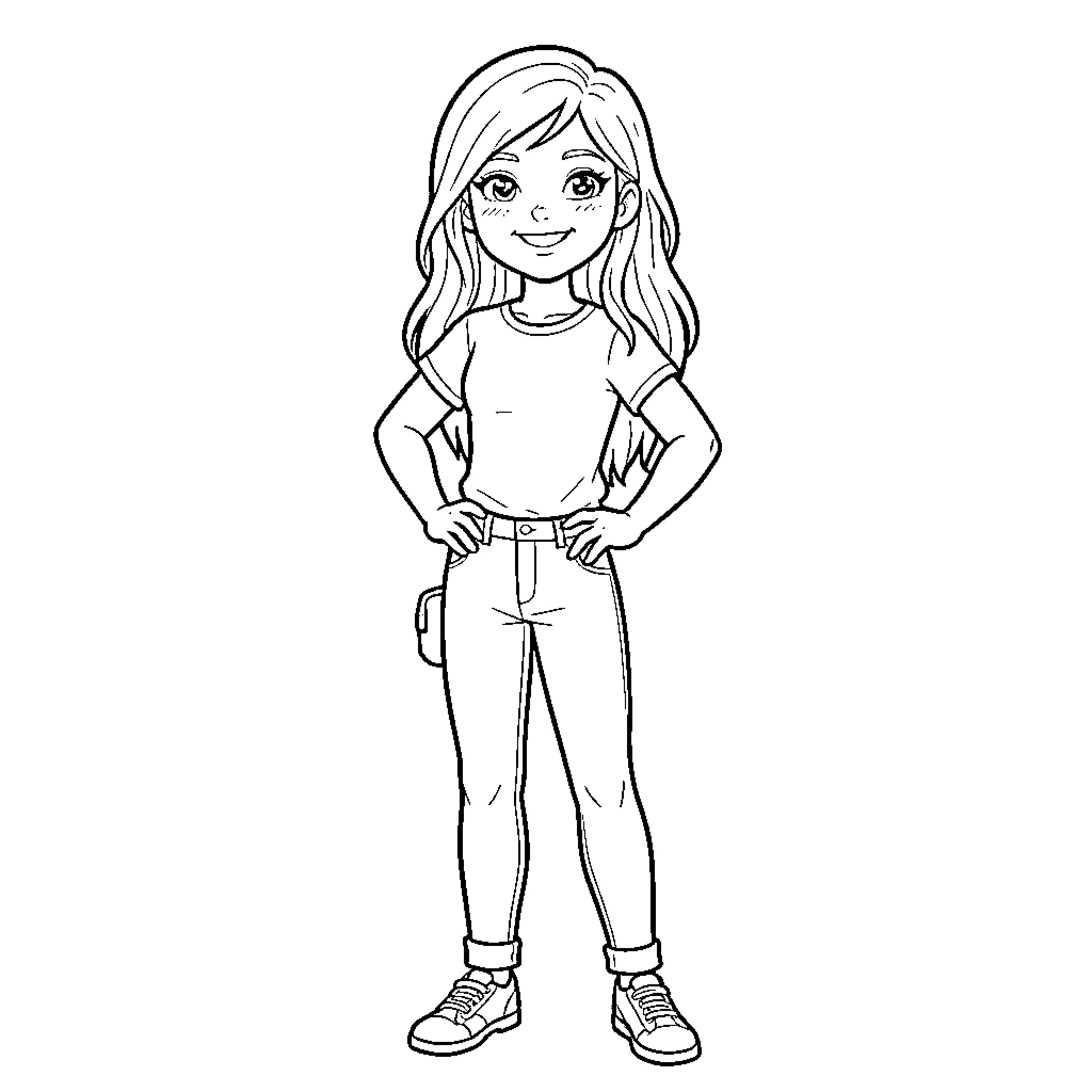Elza standing confidently in casual t-shirt and jeans Coloring Page (free black-and-white line drawing printable PDF for all, from beginners to advanced learners, including children, teens, adults, and seniors)