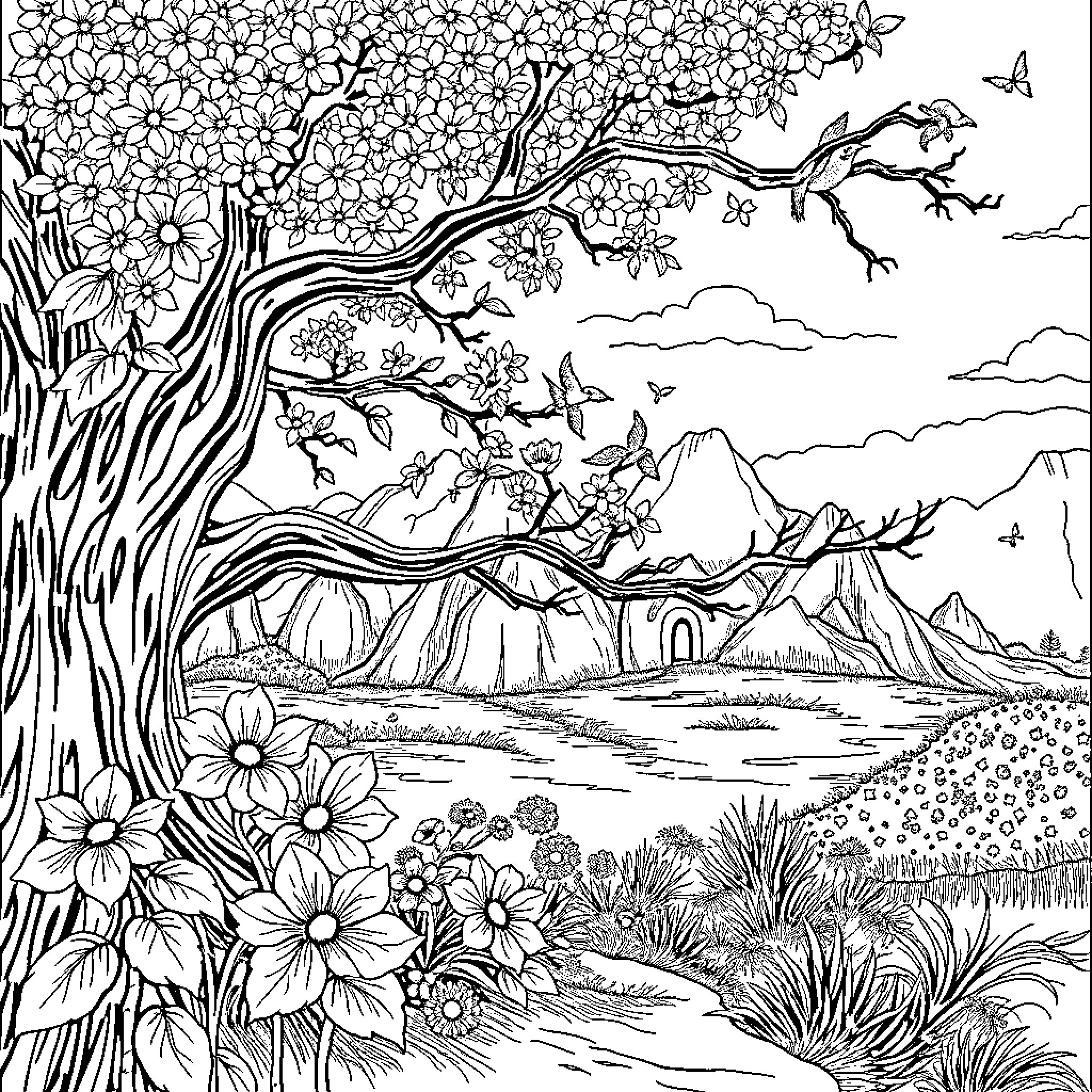 Arabic Letters: Floral Spring Landscape with Mountains Coloring Page (free black-and-white line drawing printable PDF for all, from beginners to advanced learners, including children, teens, adults, and seniors)