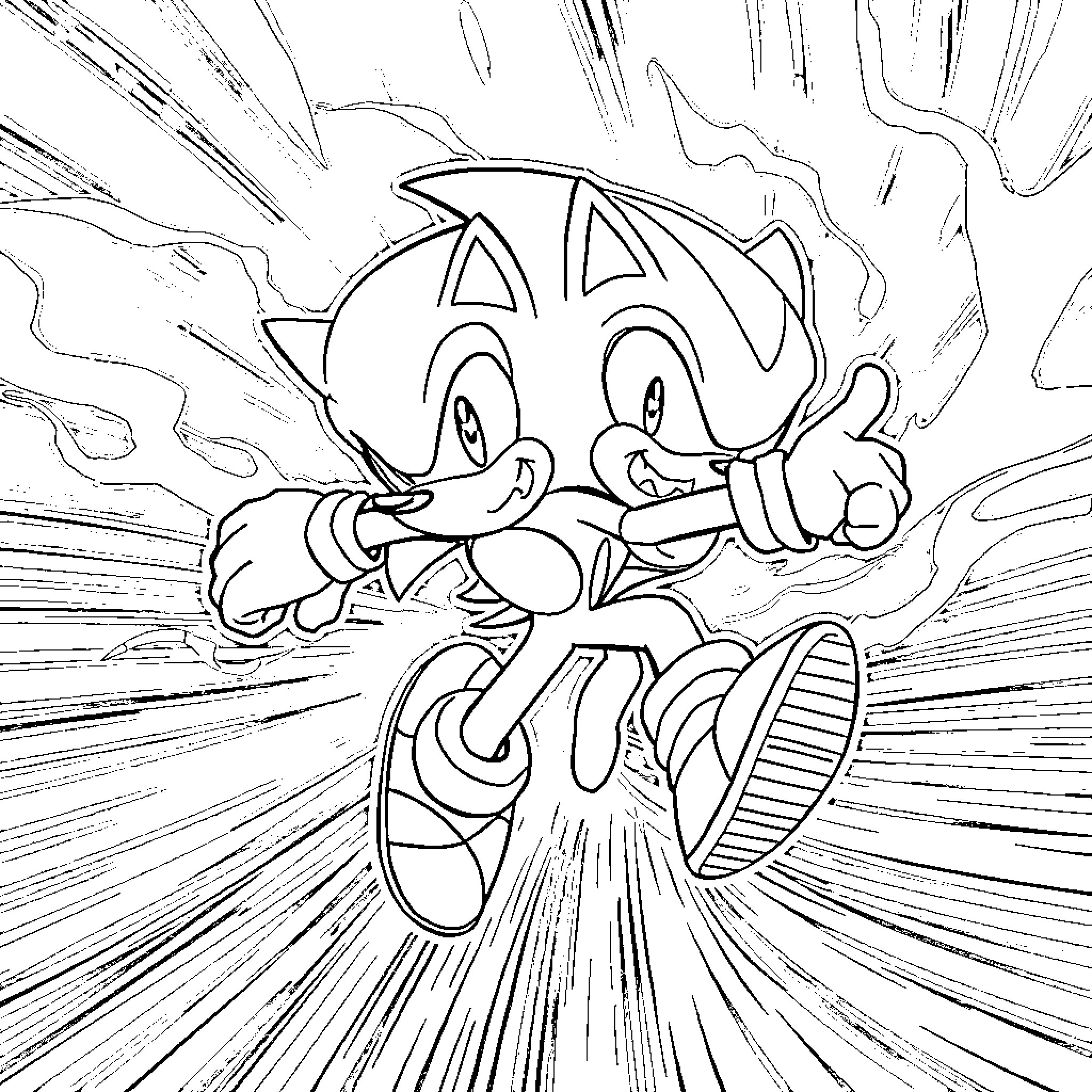 Sonic the Hedgehog dashing through the scene Coloring Page (free black-and-white line drawing printable PDF for all, from beginners to advanced learners, including children, teens, adults, and seniors)