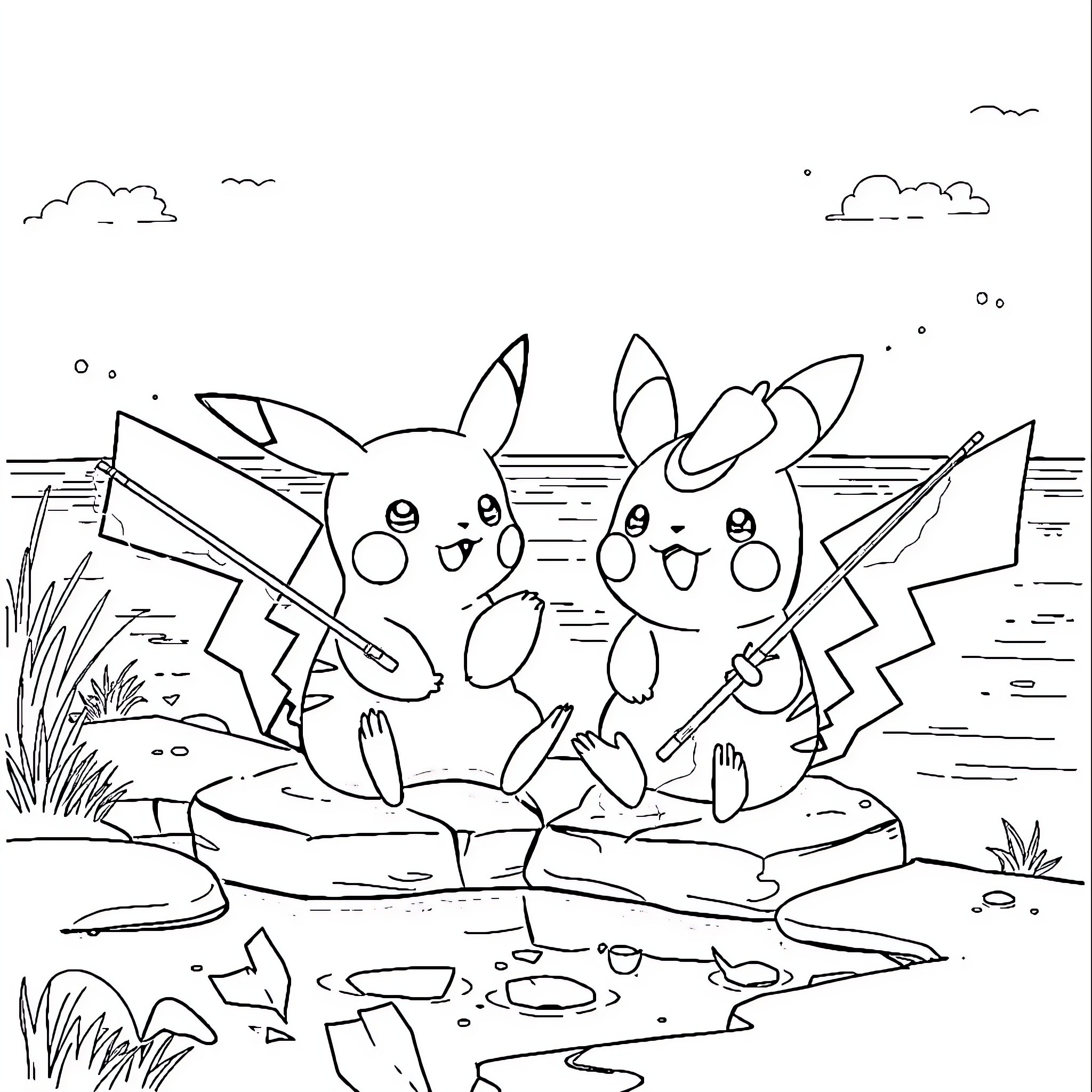 Pikachu and friends playing outdoors by the water Coloring Page (free black-and-white line drawing printable PDF for all, from beginners to advanced learners, including children, teens, adults, and seniors)