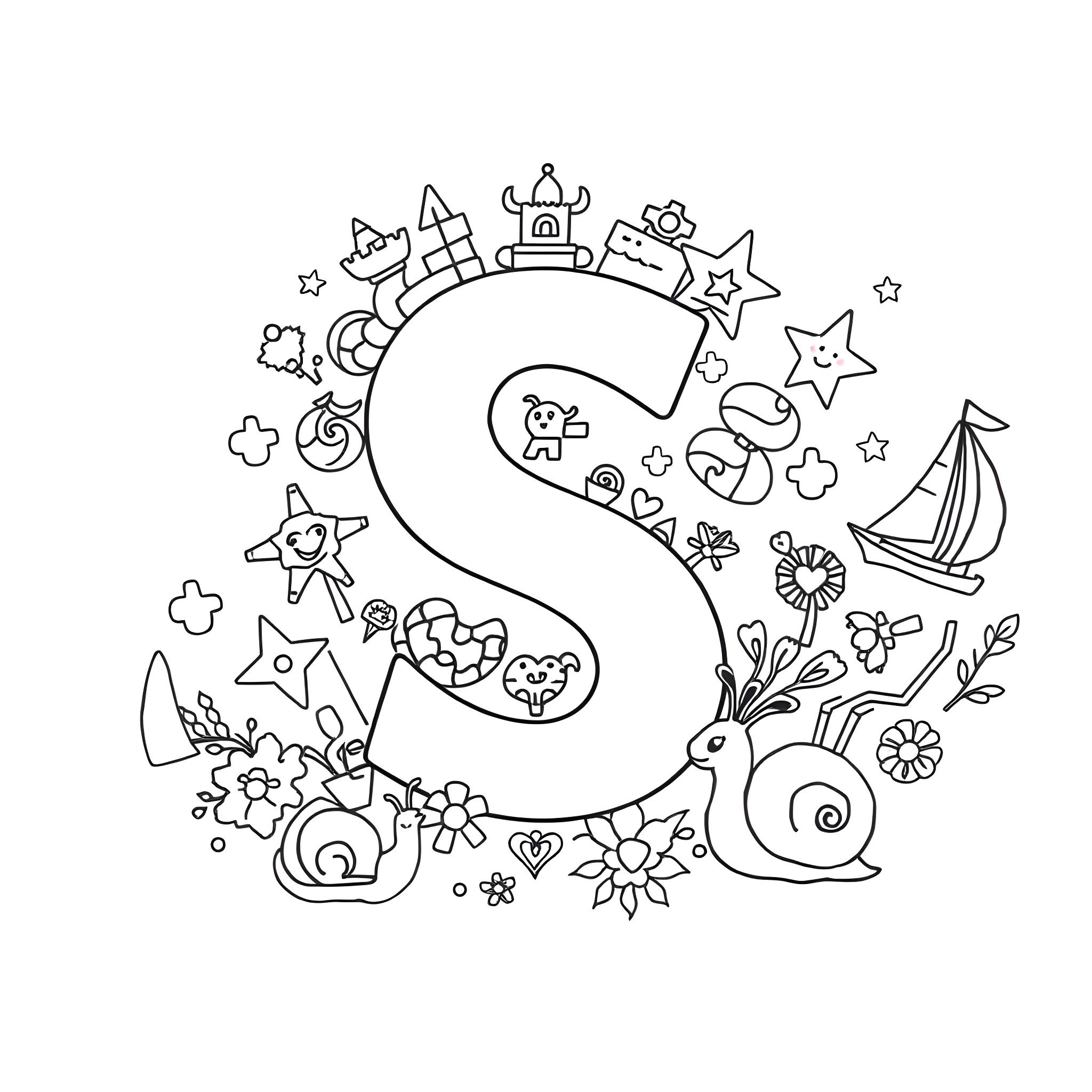 Letter S: Whimsical and Playful Scene with Snails and Seashells Coloring Page (free black-and-white line drawing printable PDF for all, from beginners to advanced learners, including children, teens, adults, and seniors)