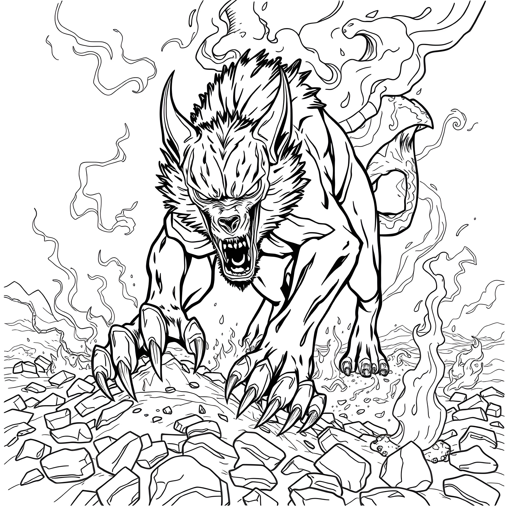 Hell Hound Stalking Fiercely Across the Barren Landscape Coloring Page (free black-and-white line drawing printable PDF for all, from beginners to advanced learners, including children, teens, adults, and seniors)
