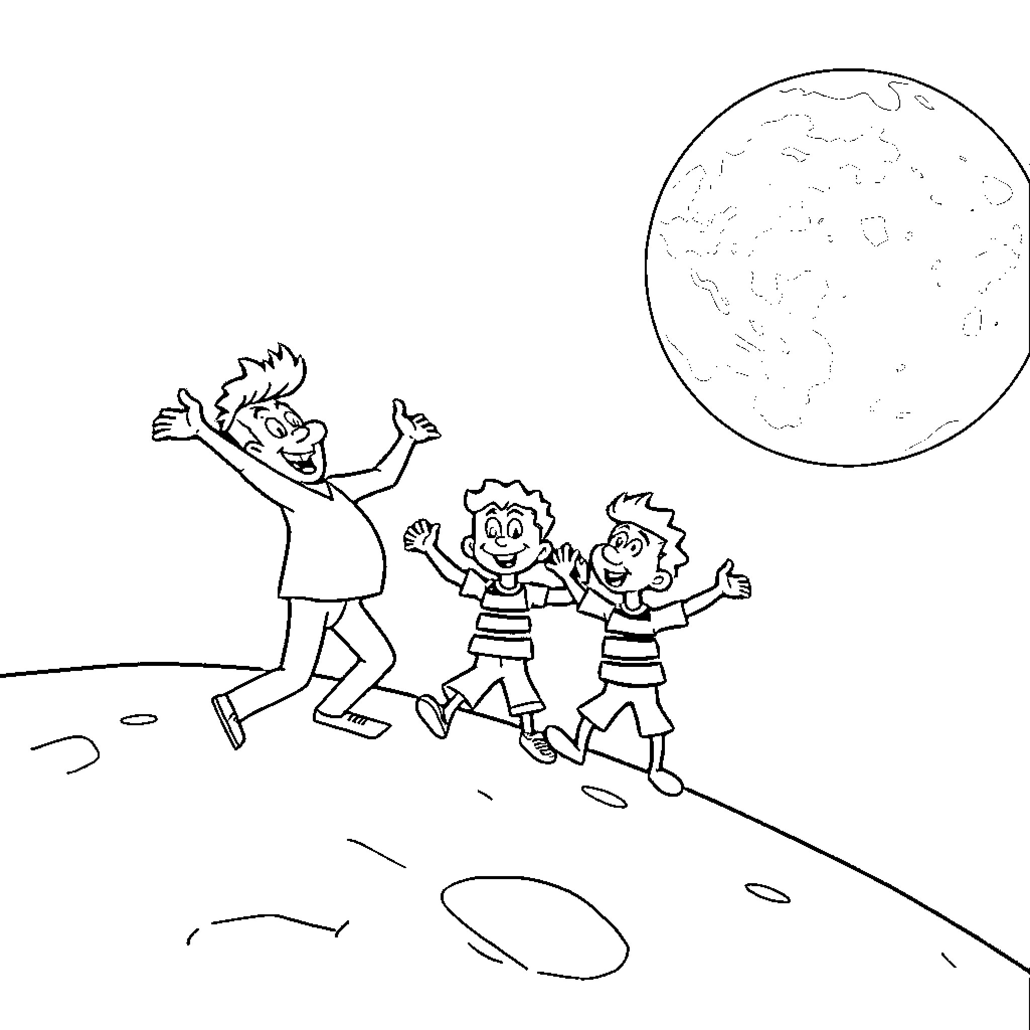 Johnny Bravo and friends explore the moon landscape Coloring Page (free black-and-white line drawing printable PDF for all, from beginners to advanced learners, including children, teens, adults, and seniors)
