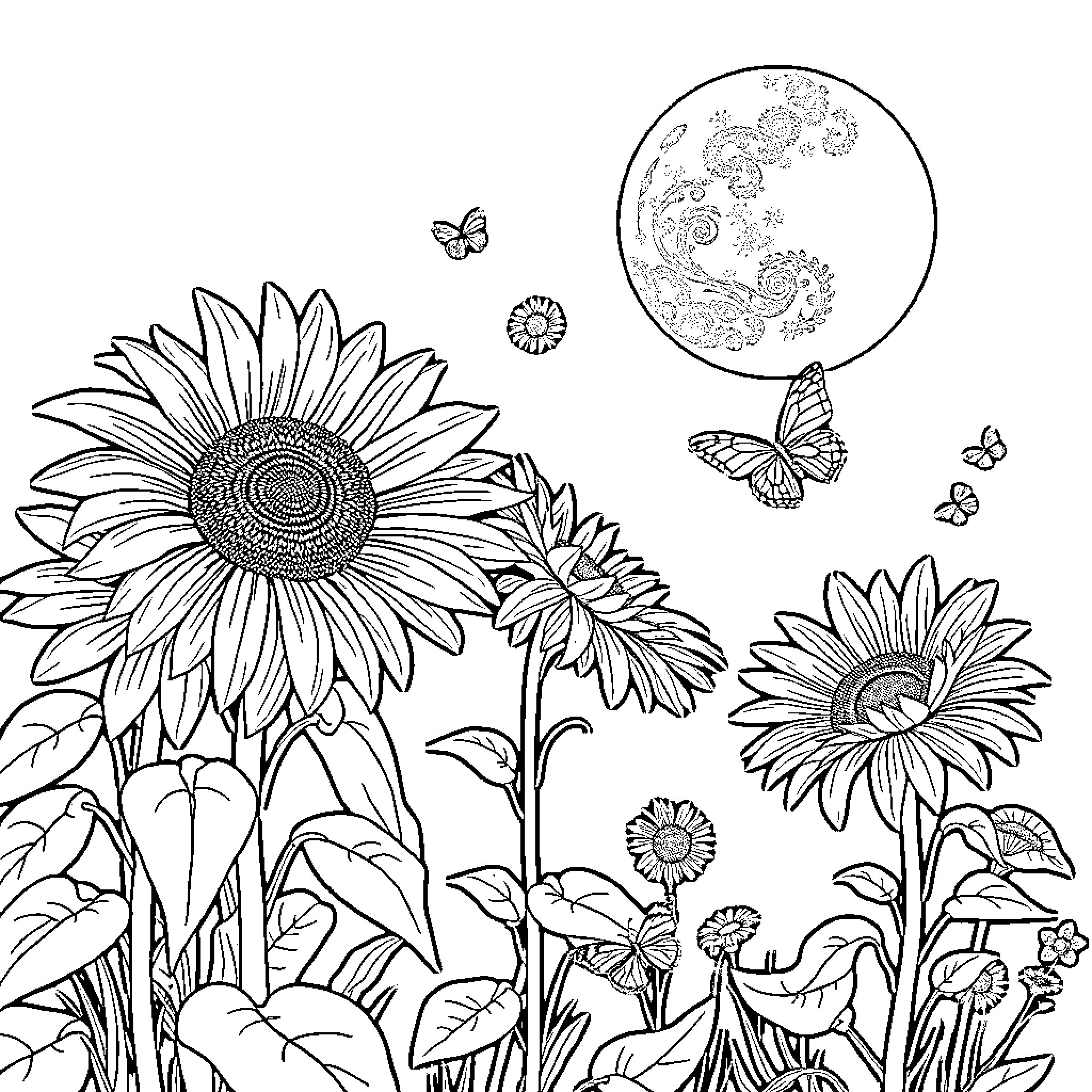 Sunflower Garden with Butterflies and Mushrooms Coloring Page (free black-and-white line drawing printable PDF for all, from beginners to advanced learners, including children, teens, adults, and seniors)