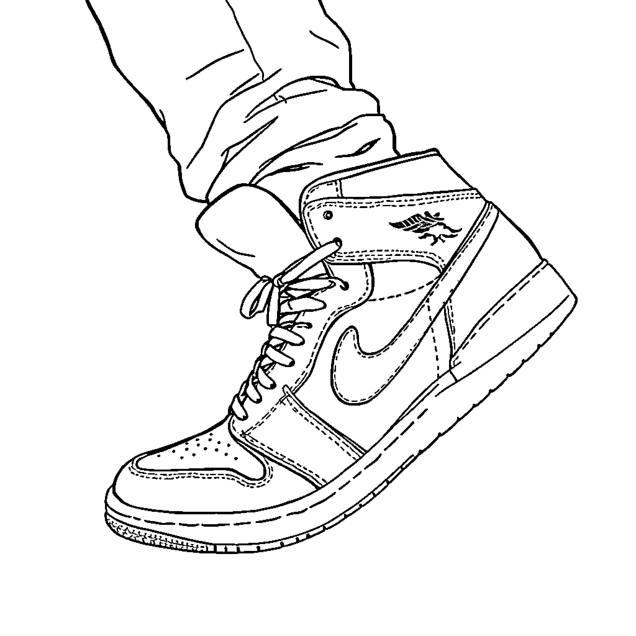 Jordan wearing trendy sneakers Coloring Page (free black-and-white line drawing printable PDF for all, from beginners to advanced learners, including children, teens, adults, and seniors)