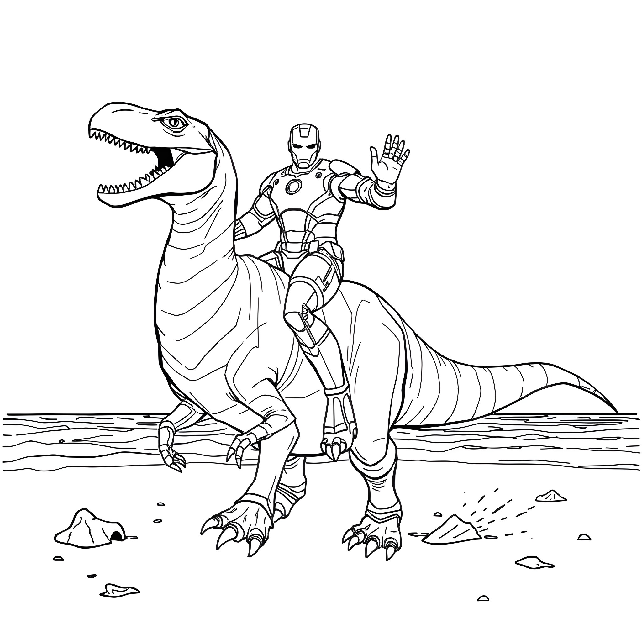 Iron Man riding a Tyrannosaurus Rex in a prehistoric landscape Coloring Page (free black-and-white line drawing printable PDF for all, from beginners to advanced learners, including children, teens, adults, and seniors)