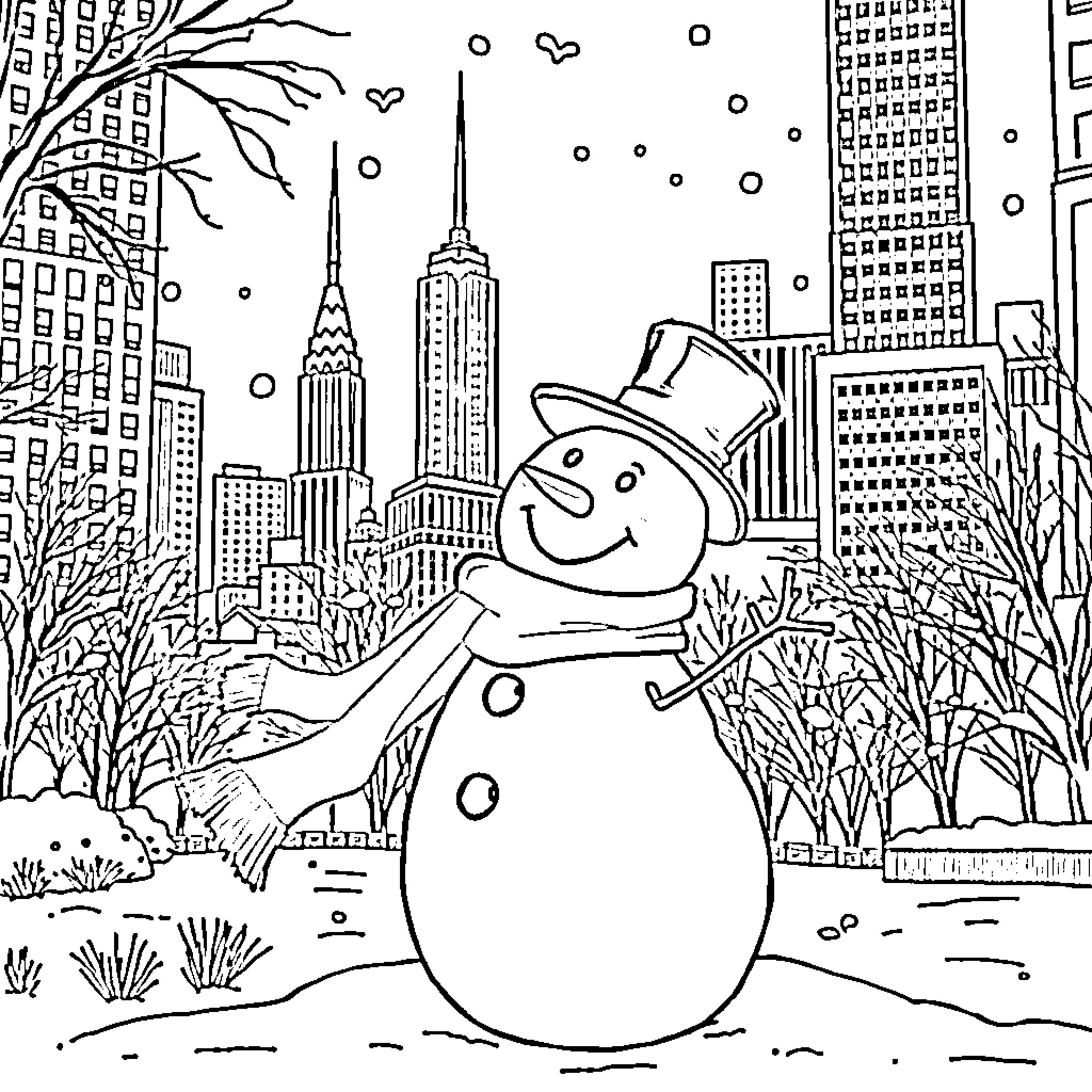 Snowman enjoying the winter cityscape Coloring Page (free black-and-white line drawing printable PDF for all, from beginners to advanced learners, including children, teens, adults, and seniors)