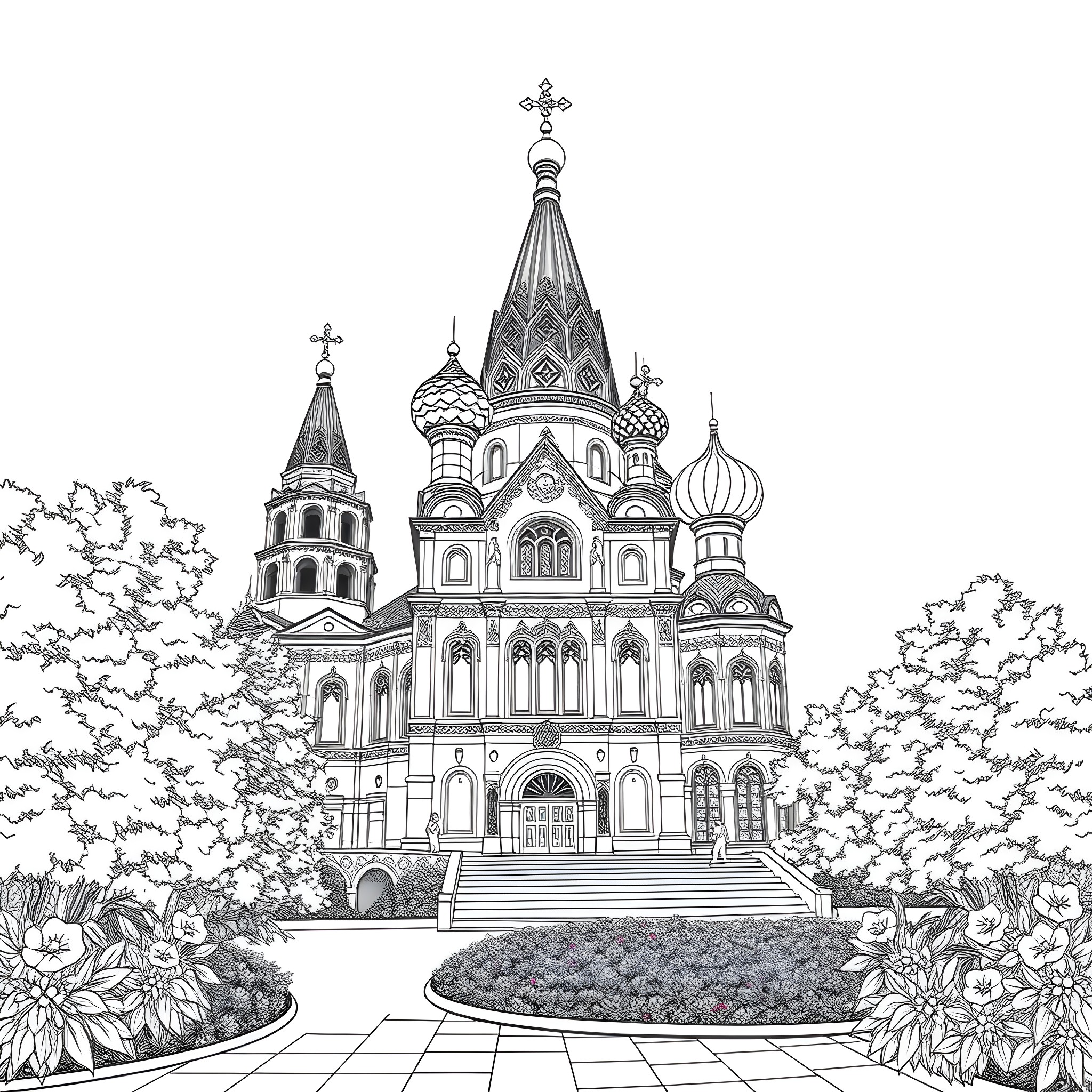 Church with Ornate Domes and Decorative Architecture Coloring Page (free black-and-white line drawing printable PDF for all, from beginners to advanced learners, including children, teens, adults, and seniors)