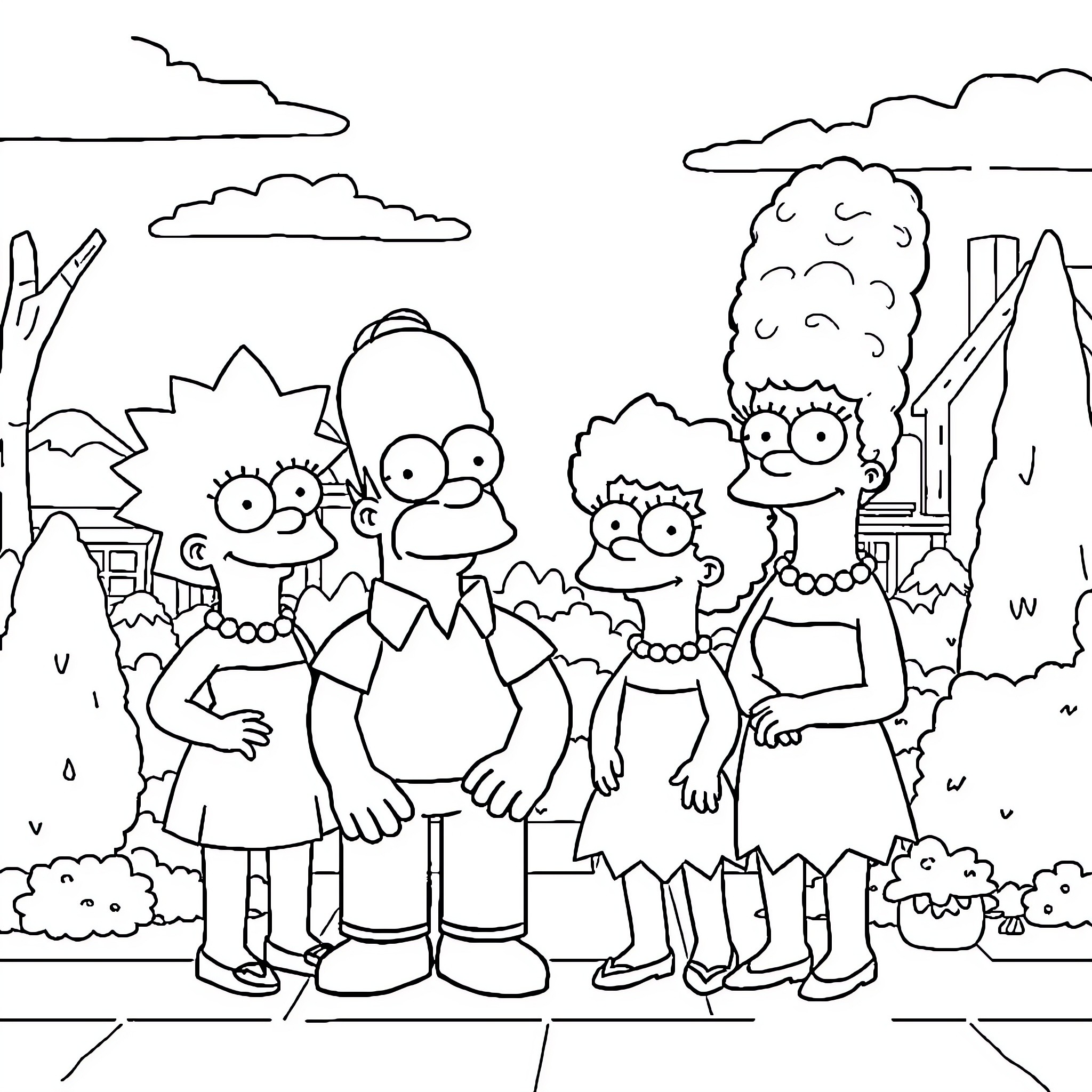 The Simpsons Family Portrait in Cartoon Landscape Coloring Page (free black-and-white line drawing printable PDF for all, from beginners to advanced learners, including children, teens, adults, and seniors)