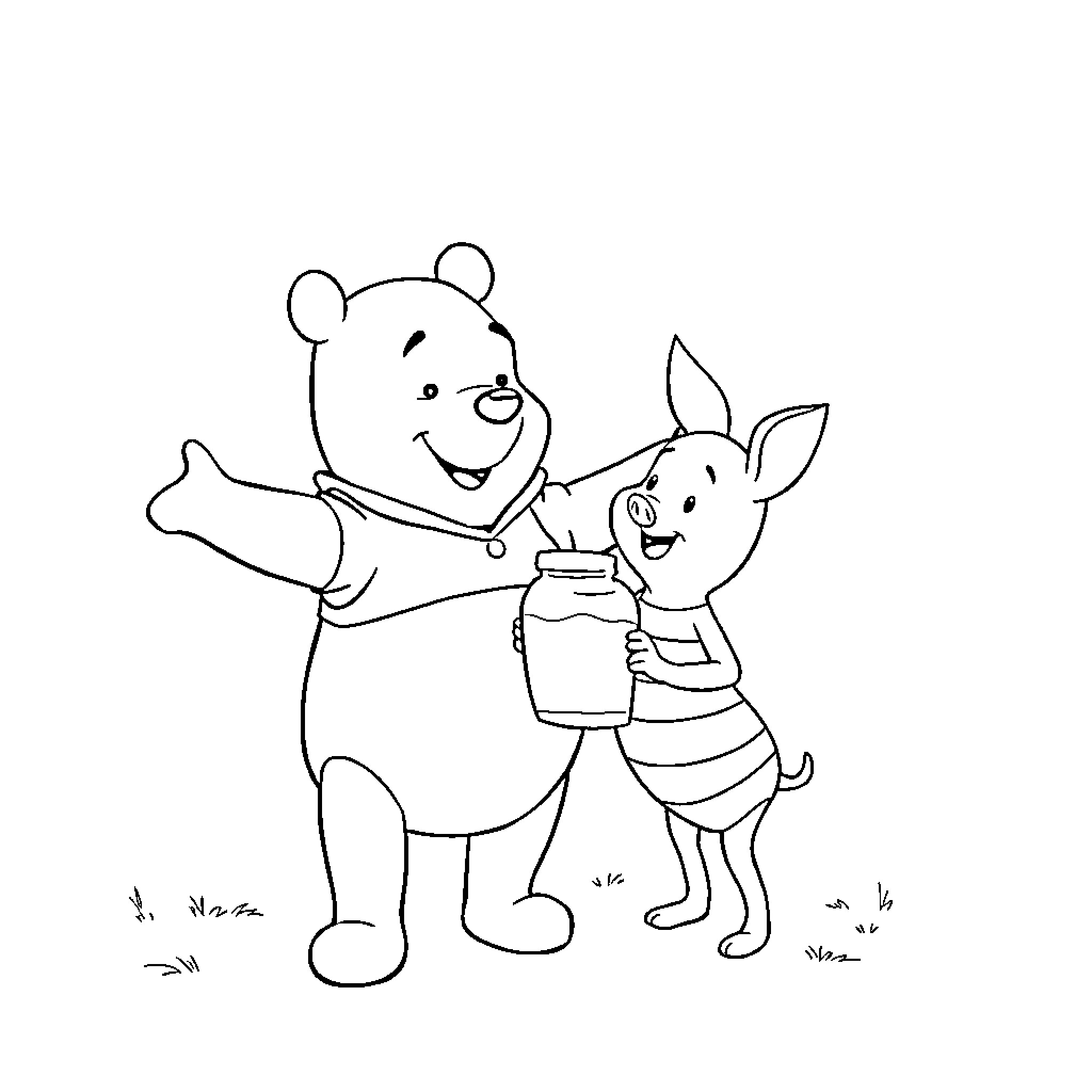 Winnie The Pooh and Piglet enjoying a snack together Coloring Page (free black-and-white line drawing printable PDF for all, from beginners to advanced learners, including children, teens, adults, and seniors)