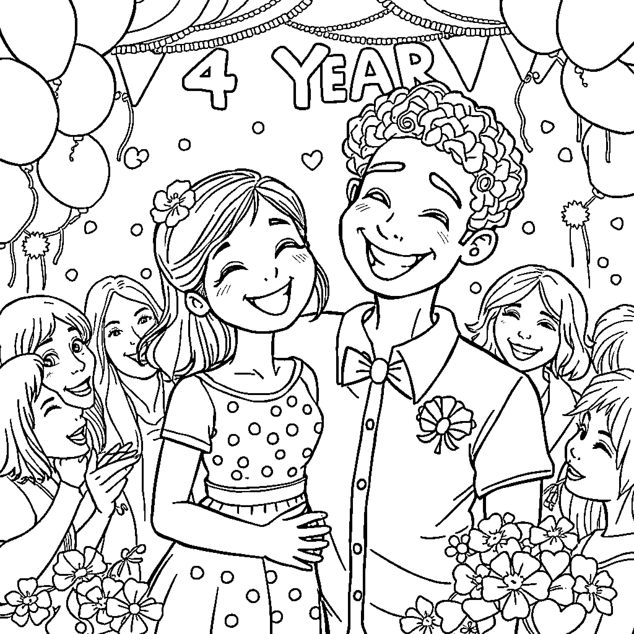 Girl celebrates 4-year anniversary with family and friends Coloring Page (free black-and-white line drawing printable PDF for all, from beginners to advanced learners, including children, teens, adults, and seniors)