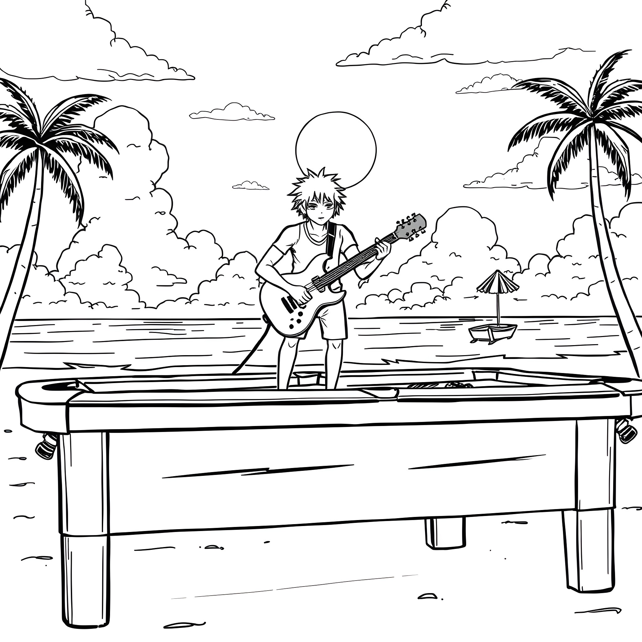 Issei Noro playing guitar on a tropical beach Coloring Page (free black-and-white line drawing printable PDF for all, from beginners to advanced learners, including children, teens, adults, and seniors)