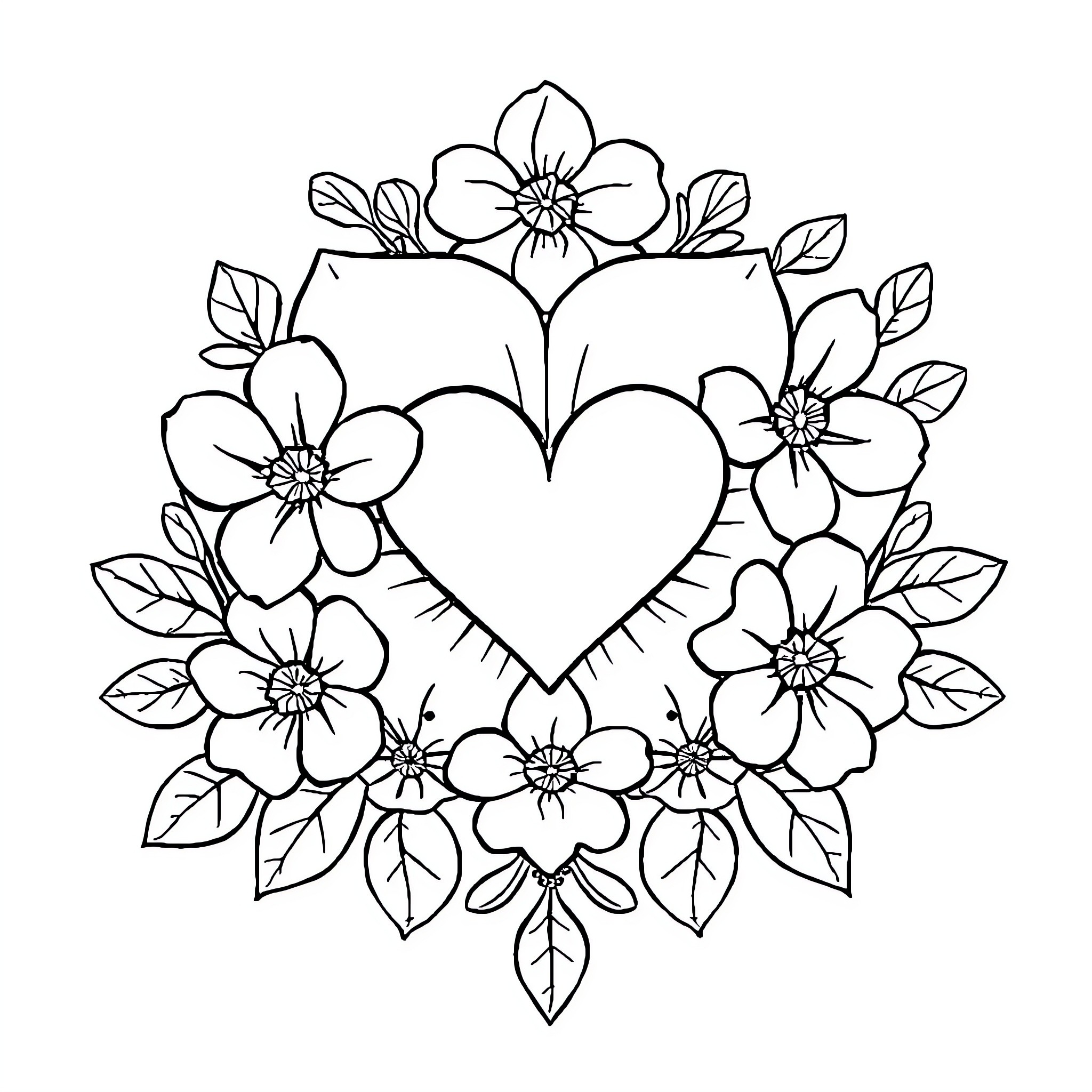 Logo with heart surrounded by floral decorations Coloring Page (free black-and-white line drawing printable PDF for all, from beginners to advanced learners, including children, teens, adults, and seniors)