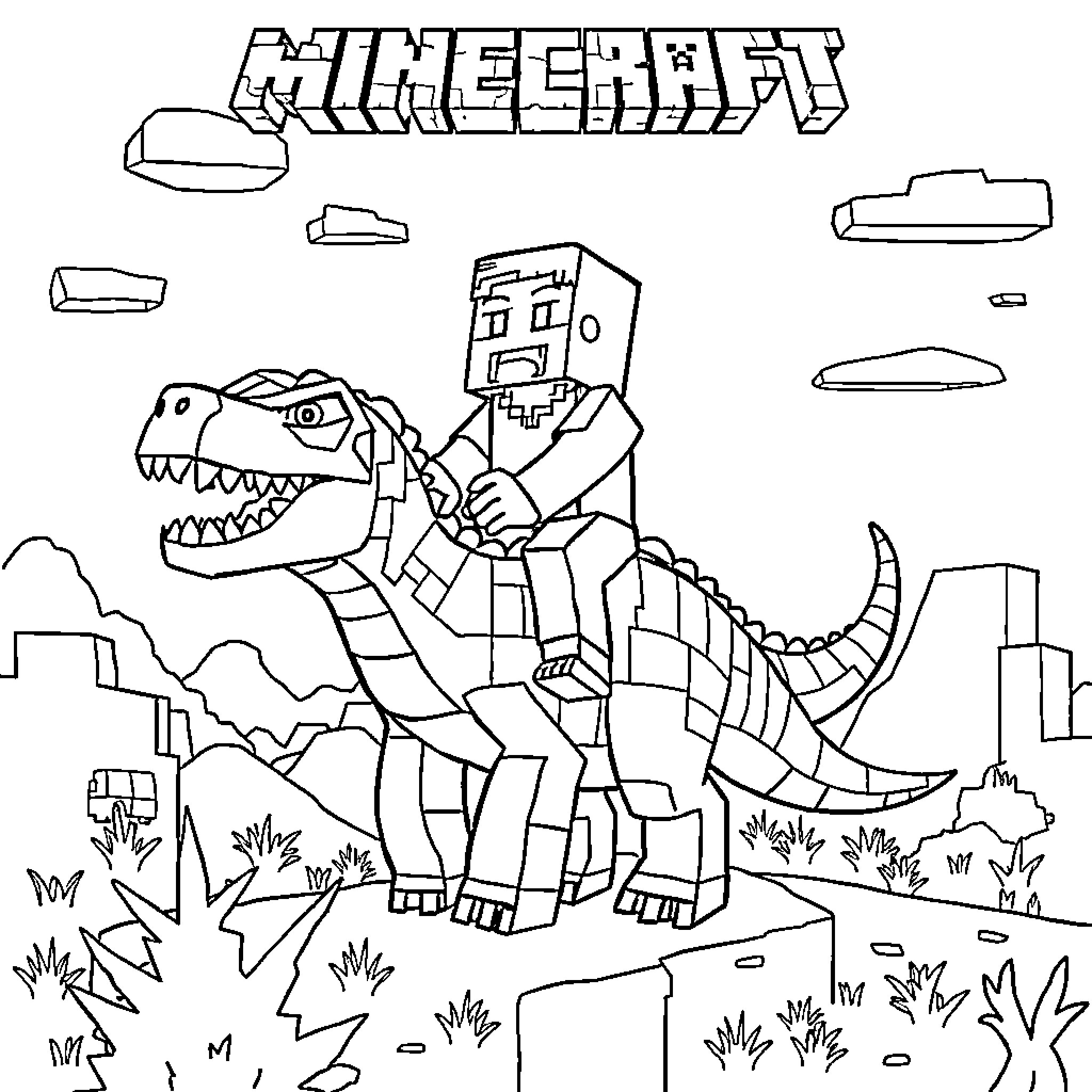 Minecraft Man riding a dinosaur in the wilderness Coloring Page (free black-and-white line drawing printable PDF for all, from beginners to advanced learners, including children, teens, adults, and seniors)