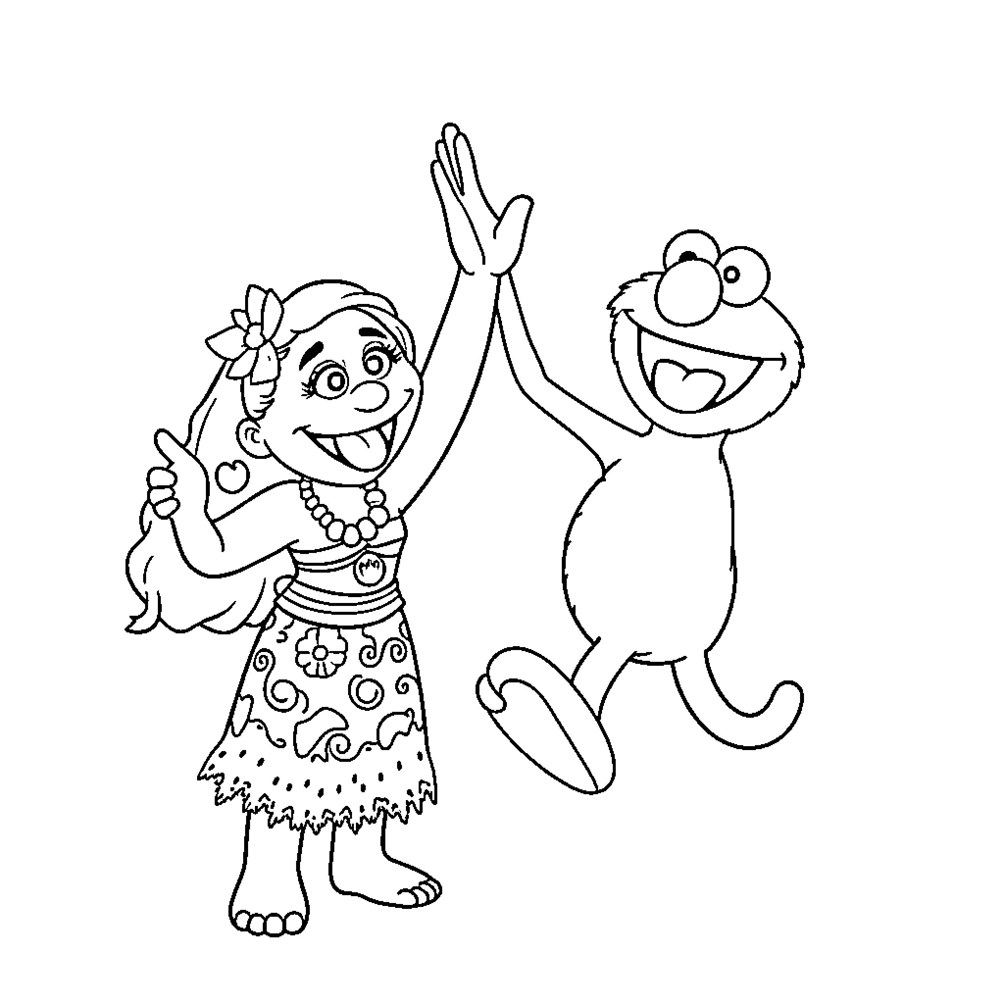 Moana and Elmo dancing happily together Coloring Page (free black-and-white line drawing printable PDF for all, from beginners to advanced learners, including children, teens, adults, and seniors)