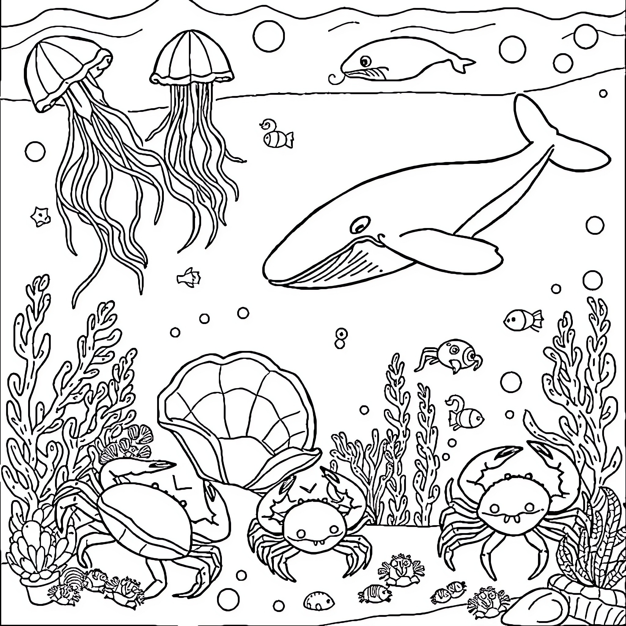 Ocean Creatures Playing and Exploring Coloring Page (free black-and-white line drawing printable PDF for all, from beginners to advanced learners, including children, teens, adults, and seniors)