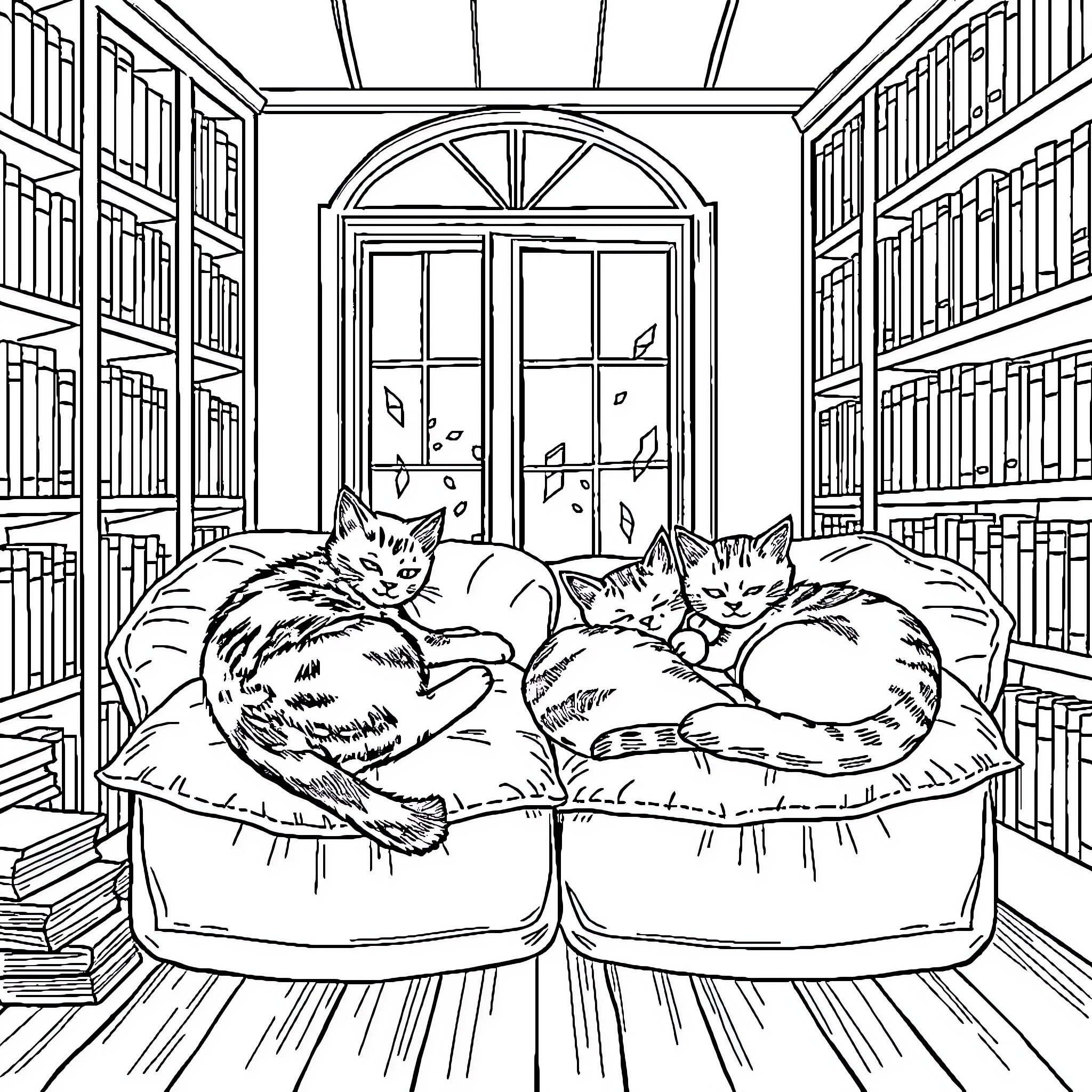Cats napping peacefully in a cozy library Coloring Page (free black-and-white line drawing printable PDF for all, from beginners to advanced learners, including children, teens, adults, and seniors)