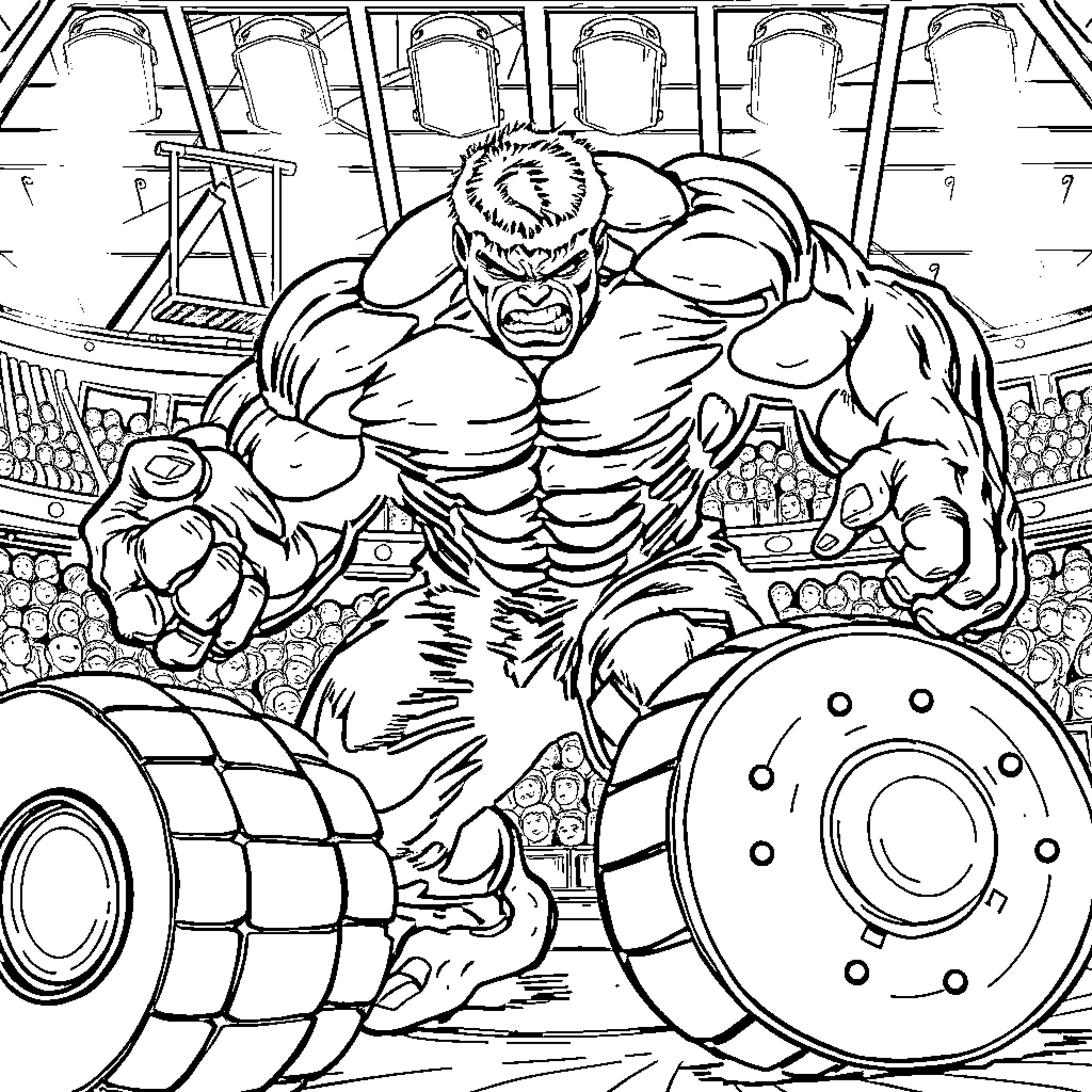 Hulk Smashing through the Arena Coloring Page (free black-and-white line drawing printable PDF for all, from beginners to advanced learners, including children, teens, adults, and seniors)