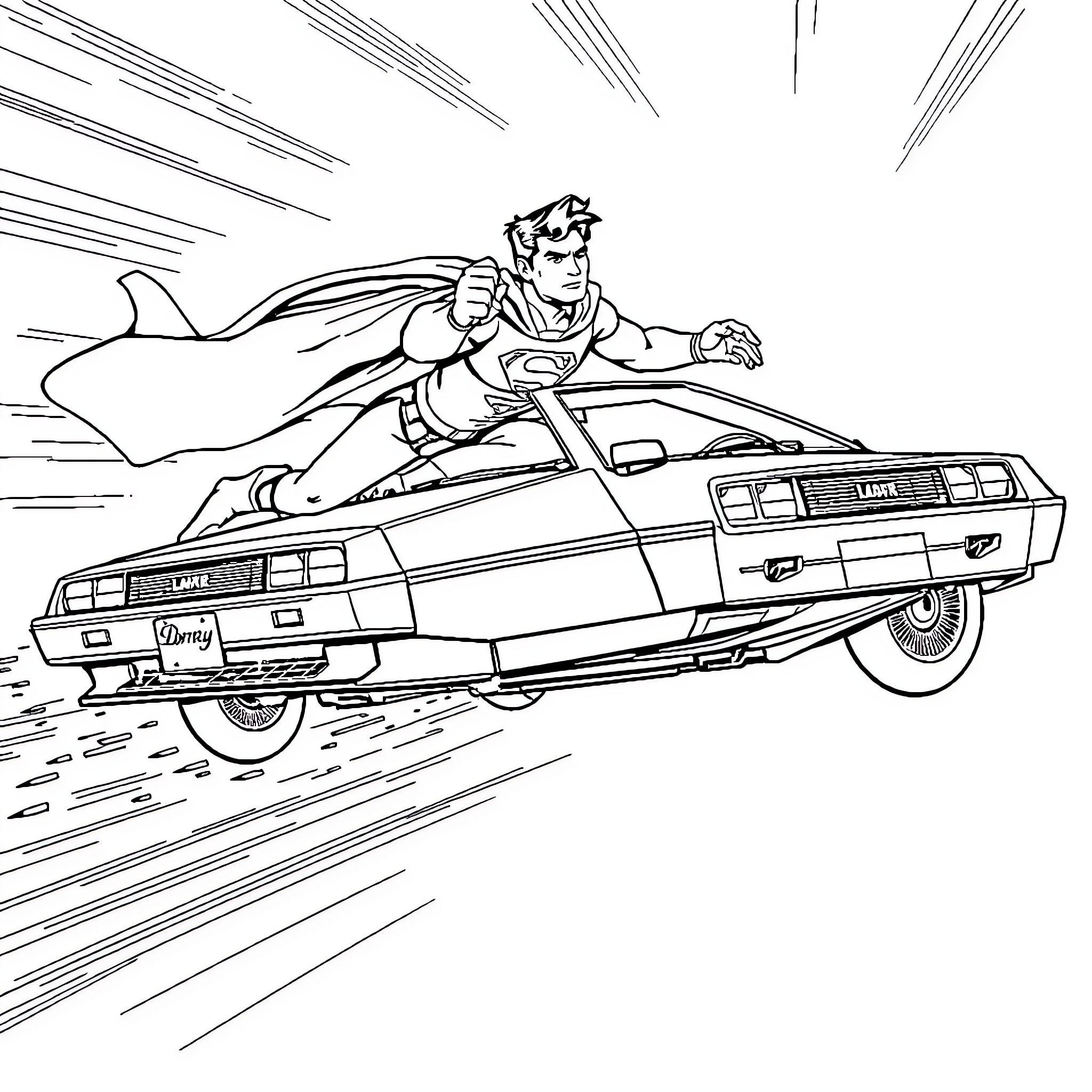 Superman flying through the city in a futuristic car Coloring Page (free black-and-white line drawing printable PDF for all, from beginners to advanced learners, including children, teens, adults, and seniors)