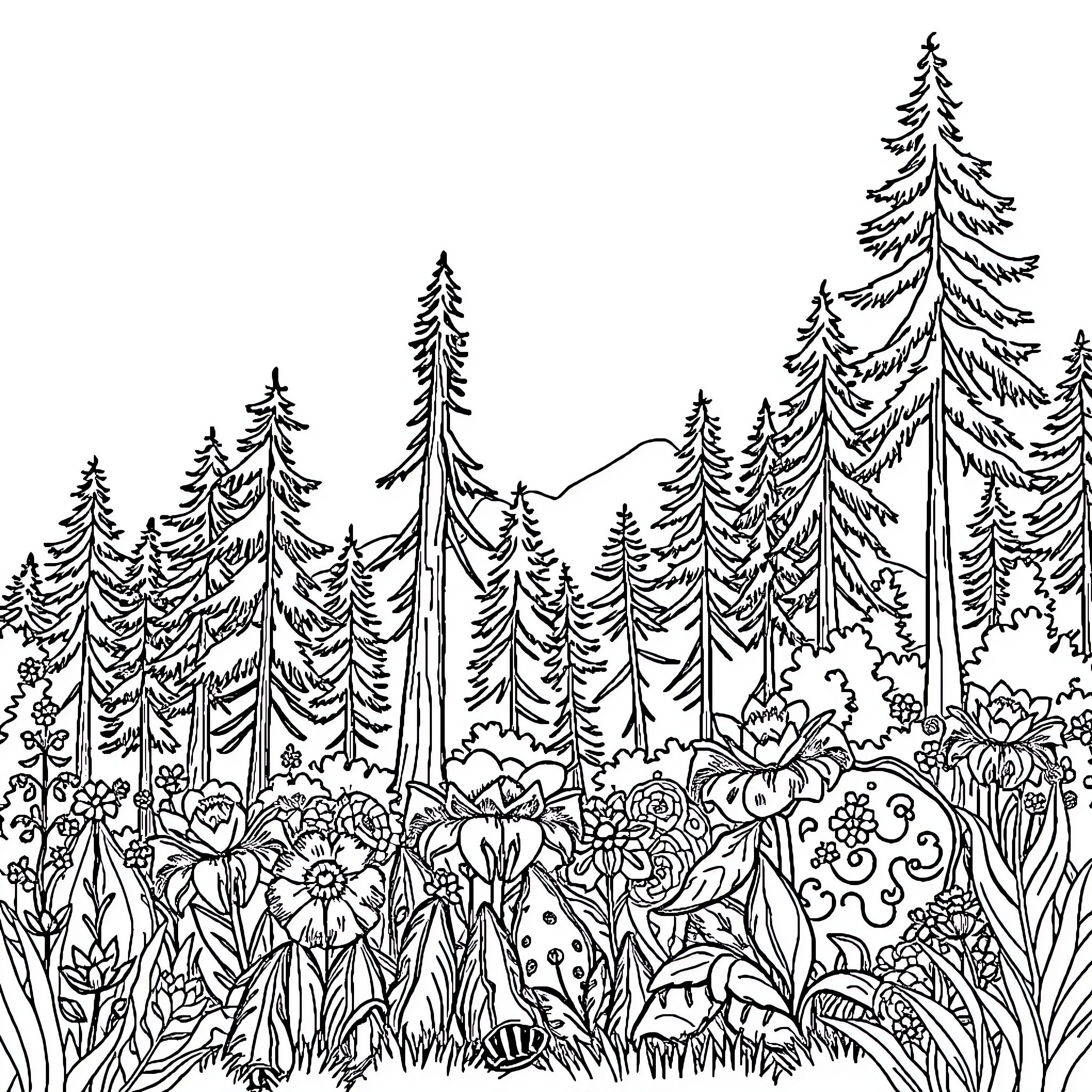 Nature's Enchanting Forest Landscape Coloring Page (free black-and-white line drawing printable PDF for all, from beginners to advanced learners, including children, teens, adults, and seniors)