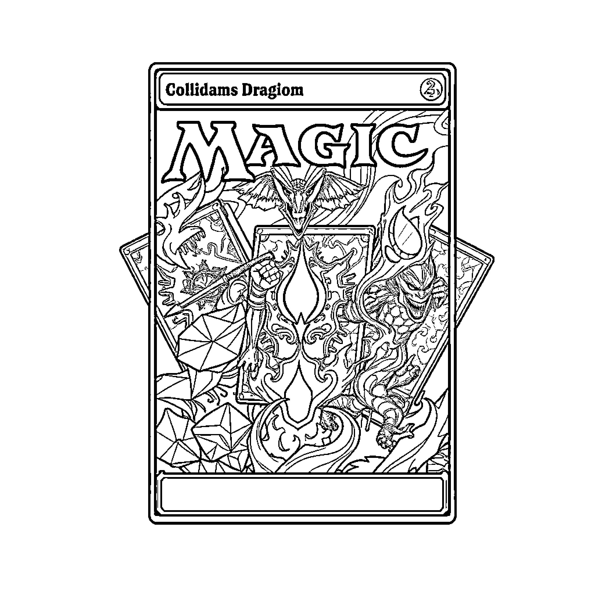 Magic Colliding Fantastical Creatures on Card Art Coloring Page (free black-and-white line drawing printable PDF for all, from beginners to advanced learners, including children, teens, adults, and seniors)