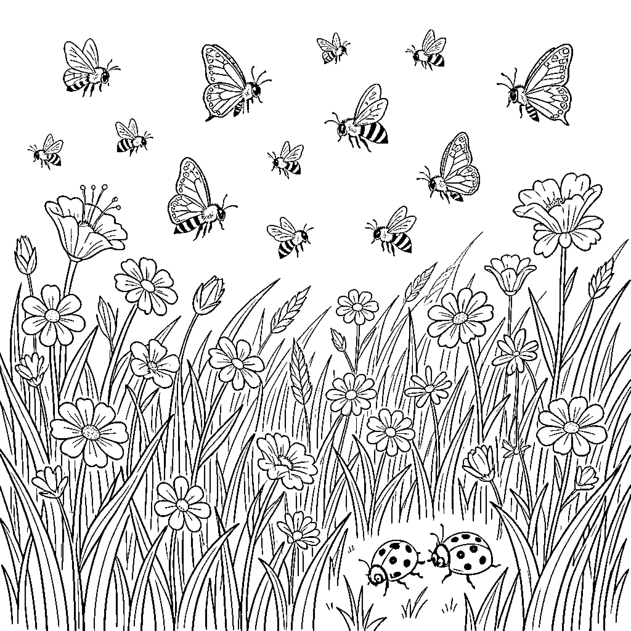 Bee and butterfly flying over a field of flowers Coloring Page (free black-and-white line drawing printable PDF for all, from beginners to advanced learners, including children, teens, adults, and seniors)