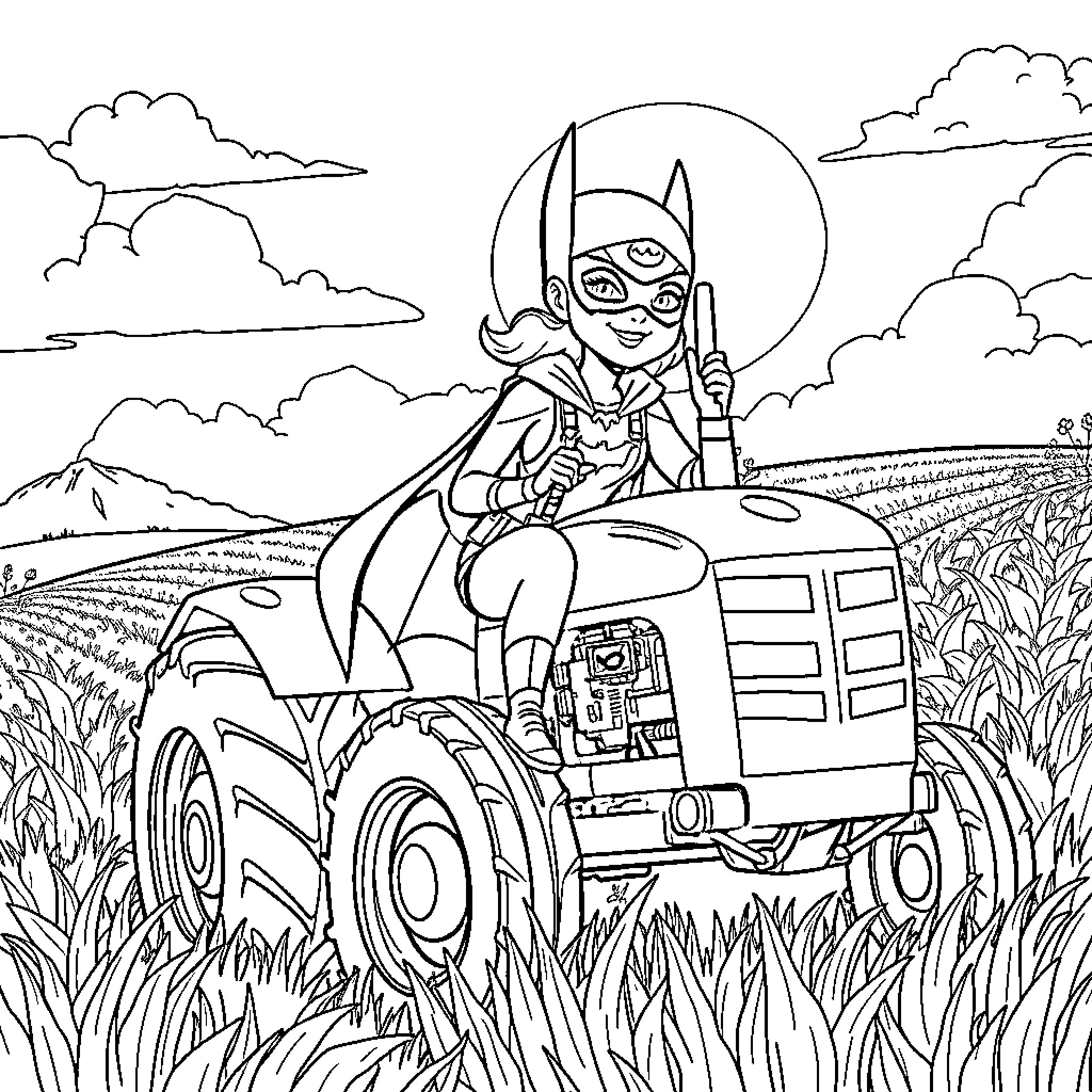 Batwoman riding a tractor through the countryside Coloring Page (free black-and-white line drawing printable PDF for all, from beginners to advanced learners, including children, teens, adults, and seniors)