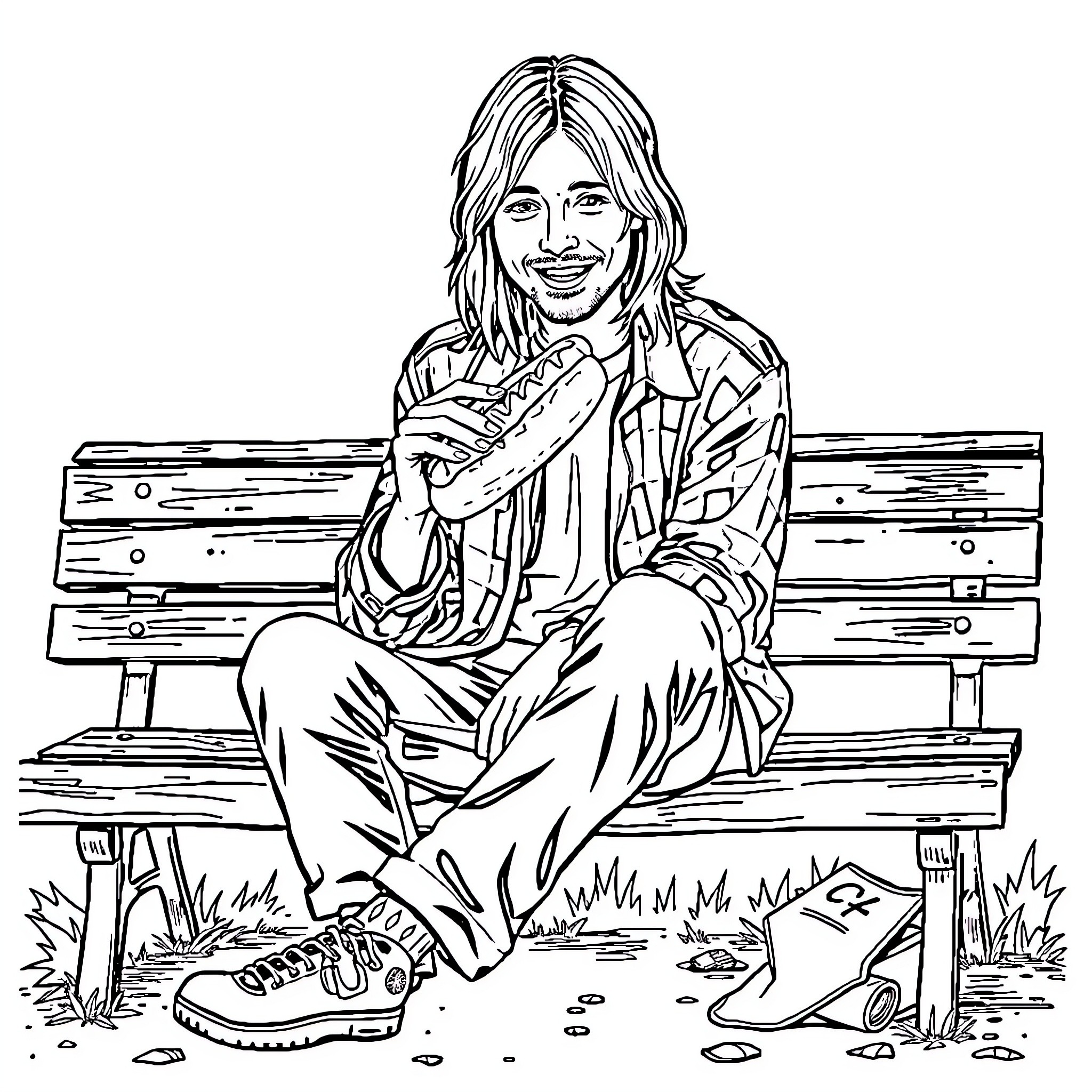 Kurt Cobain sitting thoughtfully on a bench Coloring Page (free black-and-white line drawing printable PDF for all, from beginners to advanced learners, including children, teens, adults, and seniors)