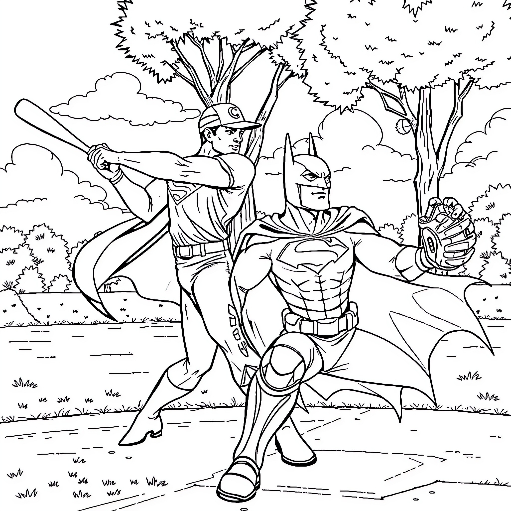 Superman and Batman playing baseball in the park Coloring Page (free black-and-white line drawing printable PDF for all, from beginners to advanced learners, including children, teens, adults, and seniors)